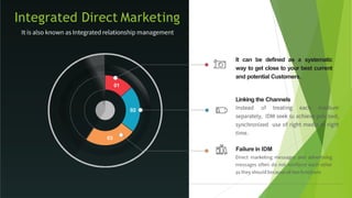 Integrated Direct Marketing
It can be defined as a systematic
way to get close to your best current
and potential Customers.
01
Linking the Channels
02
03
Failure in IDM
 