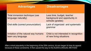 Advantages Disadvantages
Total immersion technique (use
language naturally)
Less time, budget, teacher
background and opportunity in
schools (grades)
Oral skills (correct pronunciation) Lack of organized and systematic
grammar
Imitation of the natural way humans
learn any language
Child is not interested in recognition
of new living situations
After a short popularity in the beginning of the 20th century, its son began to lose its appeal
because of these constraints. It then paved the way to the AUDIO-LINGUAL METHOD
 