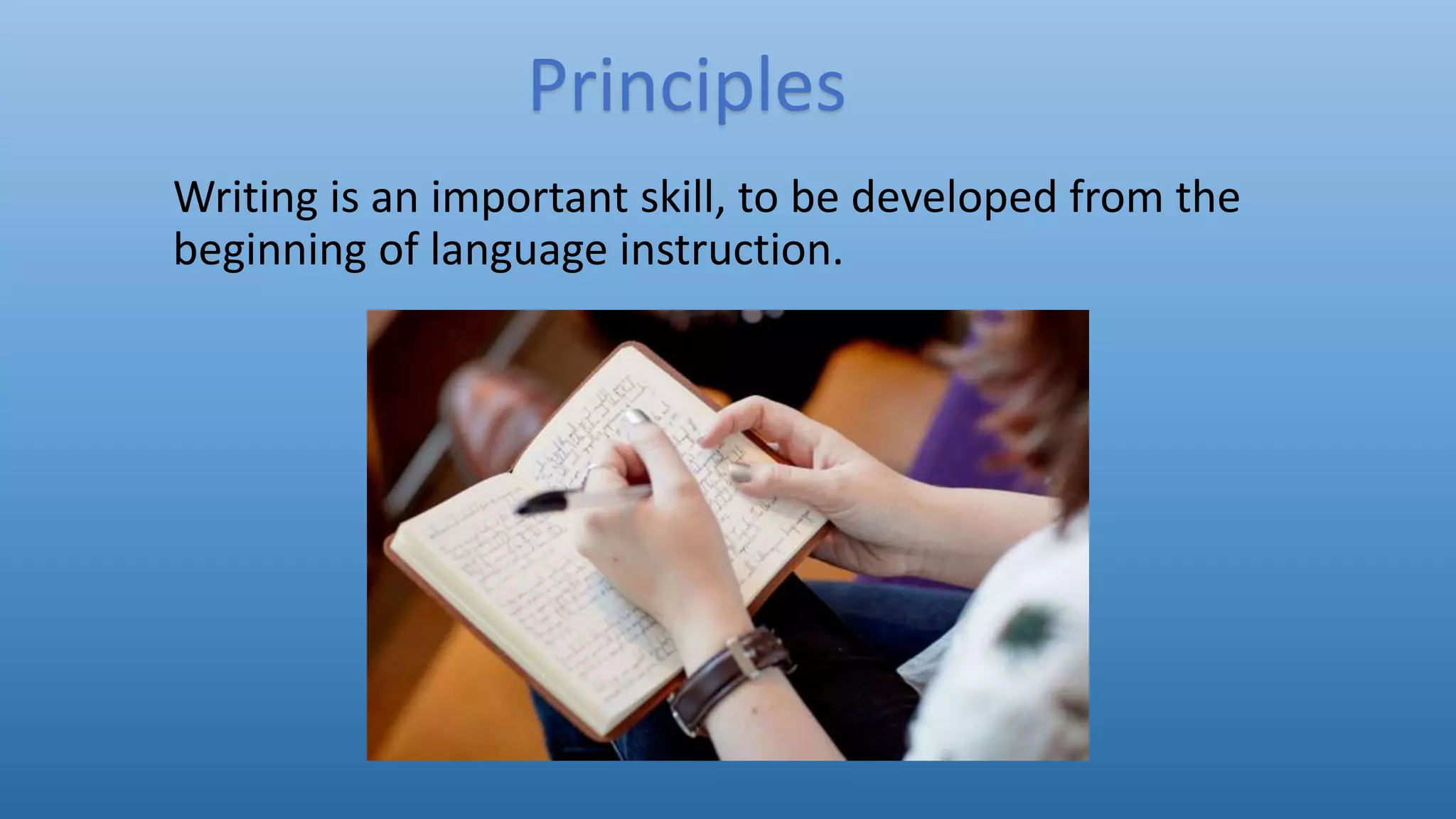 Writing is an important skill, to be developed from the
beginning of language instruction.
Principles
 