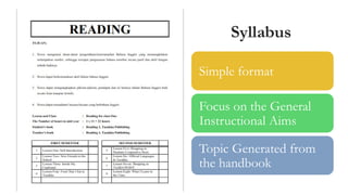 Syllabus
Simple format
Focus on the General
Instructional Aims
Topic Generated from
the handbook
 