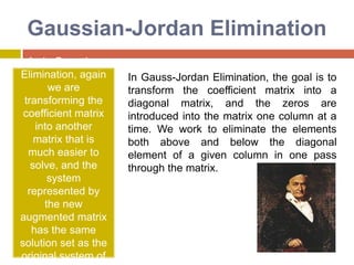 TheElimination of UnknowsThe elimination of unknowns by combing equations is an algebraic approach that can be illustrated for a set of two equations:The basic strategy is to multiply the equations by constants so that of the unknowns will be eliminated when the two equations are combined. The result is a single equation that can be solved for the remaining unknown. This value can then be substituted into either of the original equations to compute the other variable.For example, these equations might be multiplied by a21 and a11 to give