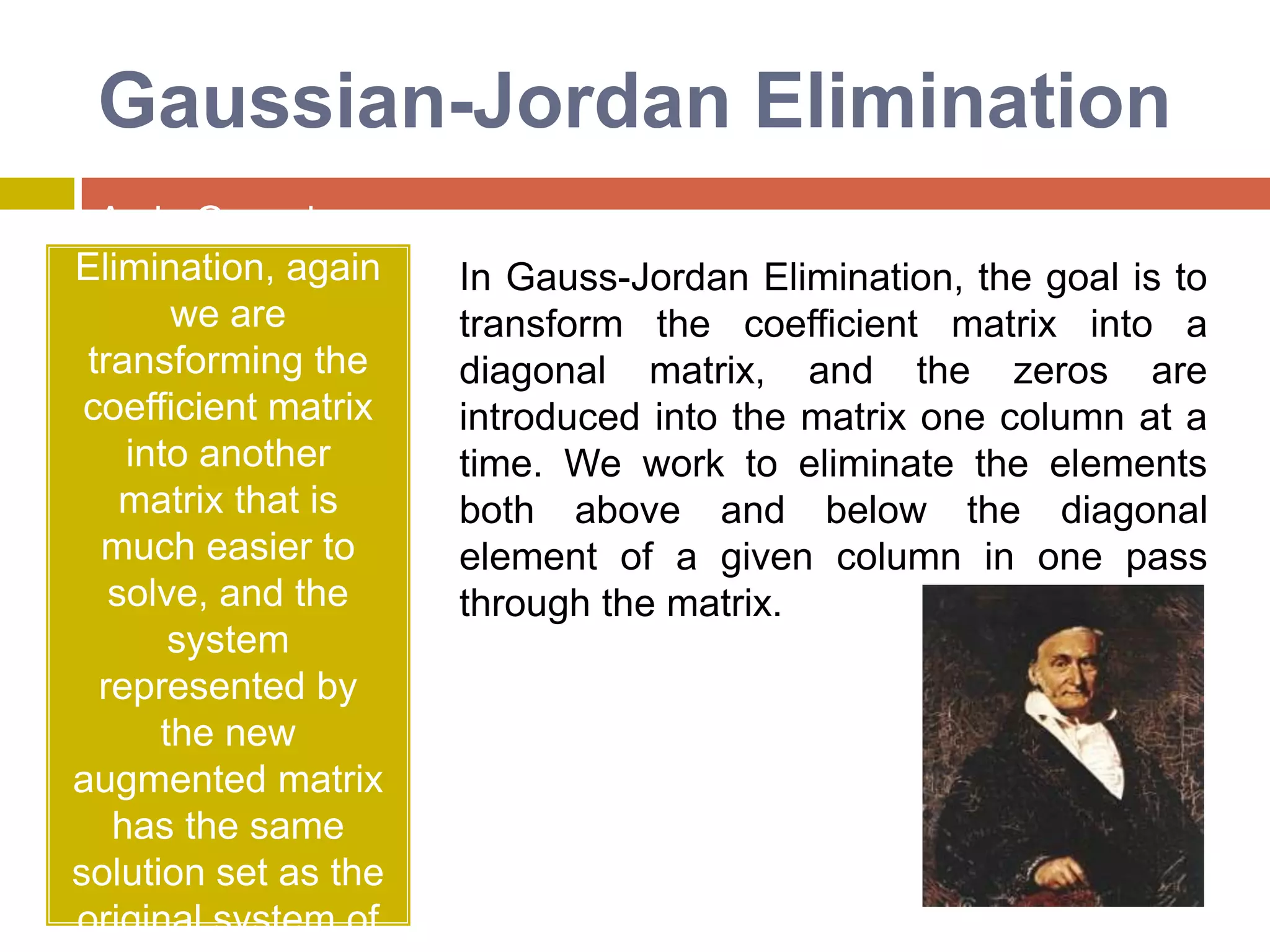 TheElimination of UnknowsThe elimination of unknowns by combing equations is an algebraic approach that can be illustrated for a set of two equations:The basic strategy is to multiply the equations by constants so that of the unknowns will be eliminated when the two equations are combined. The result is a single equation that can be solved for the remaining unknown. This value can then be substituted into either of the original equations to compute the other variable.For example, these equations might be multiplied by a21 and a11 to give