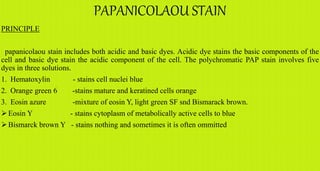 PAPANICOLAOU STAIN
PRINCIPLE
papanicolaou stain includes both acidic and basic dyes. Acidic dye stains the basic components of the
cell and basic dye stain the acidic component of the cell. The polychromatic PAP stain involves five
dyes in three solutions.
1. Hematoxylin - stains cell nuclei blue
2. Orange green 6 -stains mature and keratined cells orange
3. Eosin azure -mixture of eosin Y, light green SF snd Bismarack brown.
Eosin Y - stains cytoplasm of metabolically active cells to blue
Bismarck brown Y - stains nothing and sometimes it is often ommitted
 