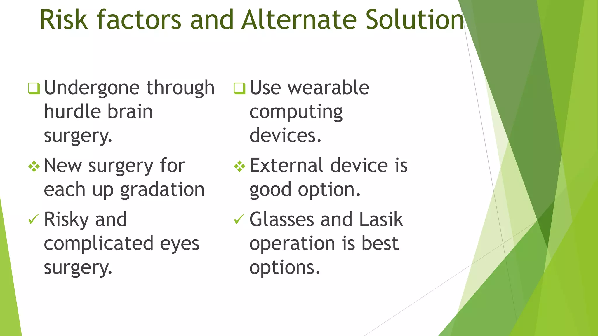 Risk factors and Alternate Solution
 Undergone through
hurdle brain
surgery.
 New surgery for
each up gradation
 Risky and
complicated eyes
surgery.
 Use wearable
computing
devices.
 External device is
good option.
 Glasses and Lasik
operation is best
options.
 