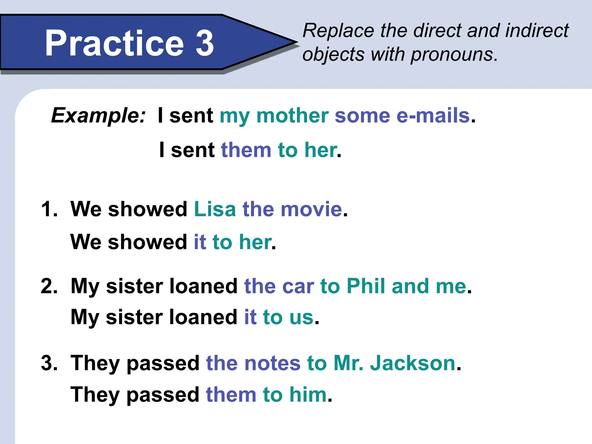 Practice 3
Replace the direct and indirect
objects with pronouns.
Example: I sent my mother some e-mails.
1. We showed Lisa the movie.
2. My sister loaned the car to Phil and me.
3. They passed the notes to Mr. Jackson.
I sent them to her.
We showed it to her.
My sister loaned it to us.
They passed them to him.
 