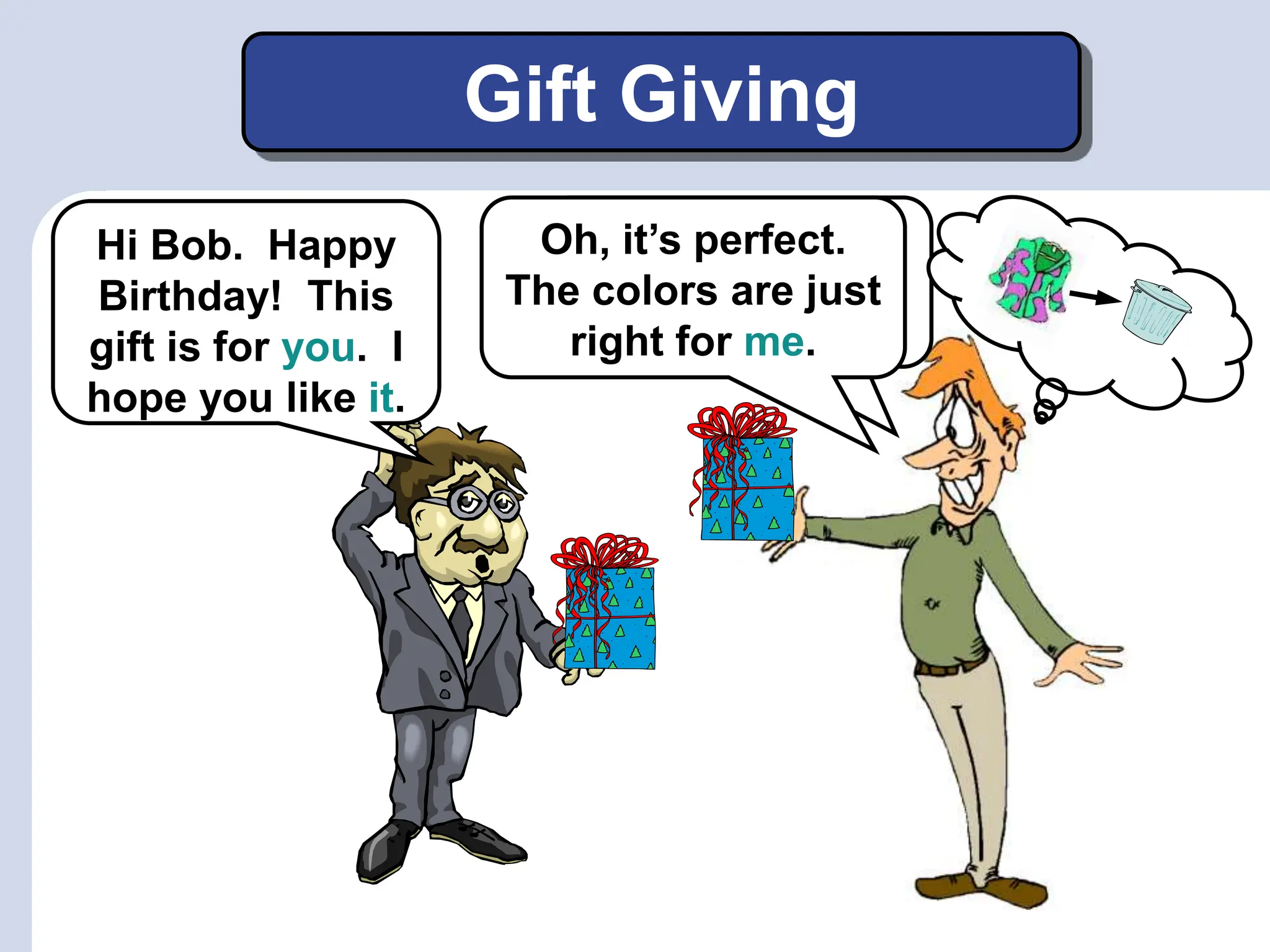 Gift Giving
Hi Bob. Happy
Birthday! This
gift is for you. I
hope you like it.
It’s for me? Oh,
thank you. You
shouldn’t have.
Oh, it’s perfect.
The colors are just
right for me.
 