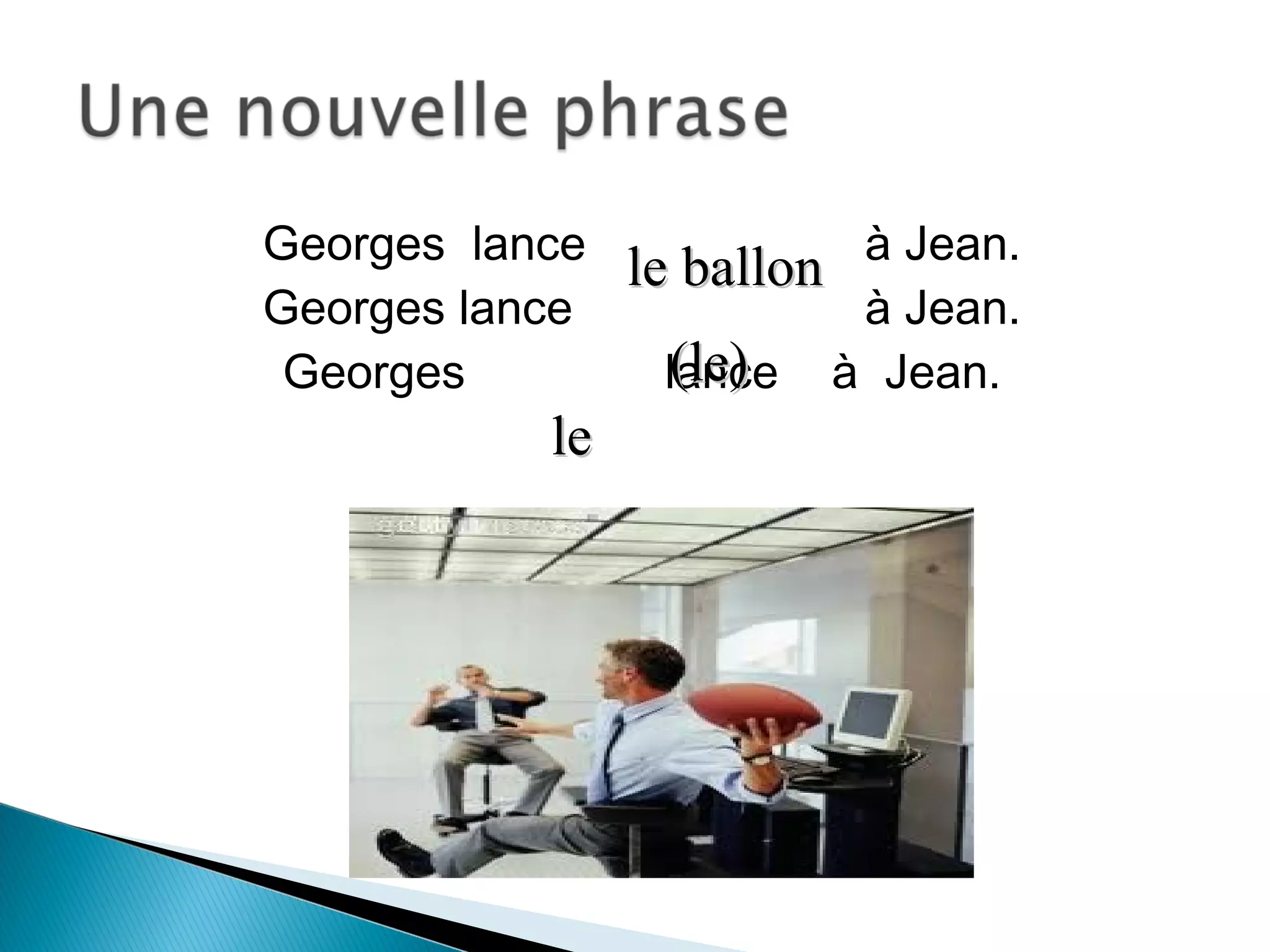 Georges lance à Jean.
Georges lance à Jean.
Georges lance à Jean.
le ballonle ballon
(le)(le)
lele
 
