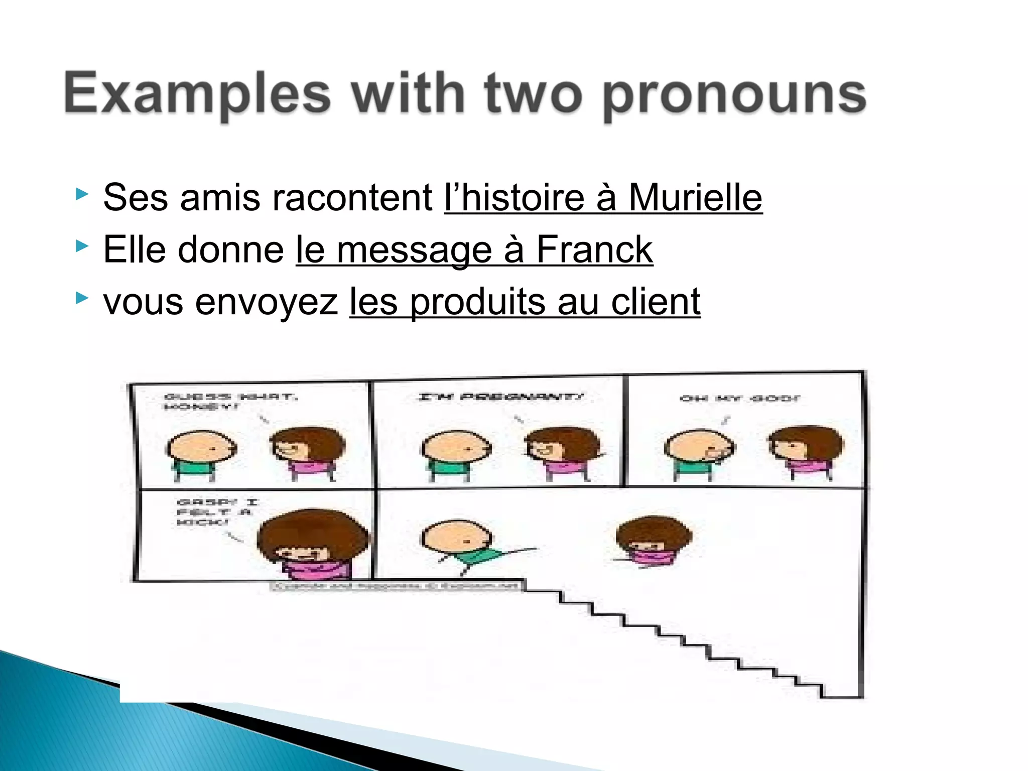  Ses amis racontent l’histoire à Murielle
 Elle donne le message à Franck
 vous envoyez les produits au client
 