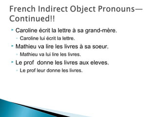  Caroline écrit la lettre à sa grand-mère.
◦ Caroline lui écrit la lettre.
 Mathieu va lire les livres à sa soeur.
◦ Mathieu va lui lire les livres.
 Le prof donne les livres aux eleves.
◦ Le prof leur donne les livres.
 