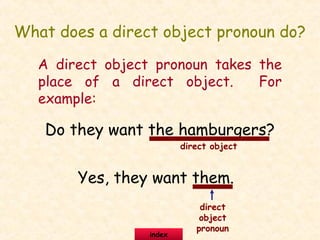 What does a direct object pronoun do?
A direct object pronoun takes the
place of a direct object. For
example:
Do they want the hamburgers?
Yes, they want them.
direct object
direct
object
pronoun
index
 