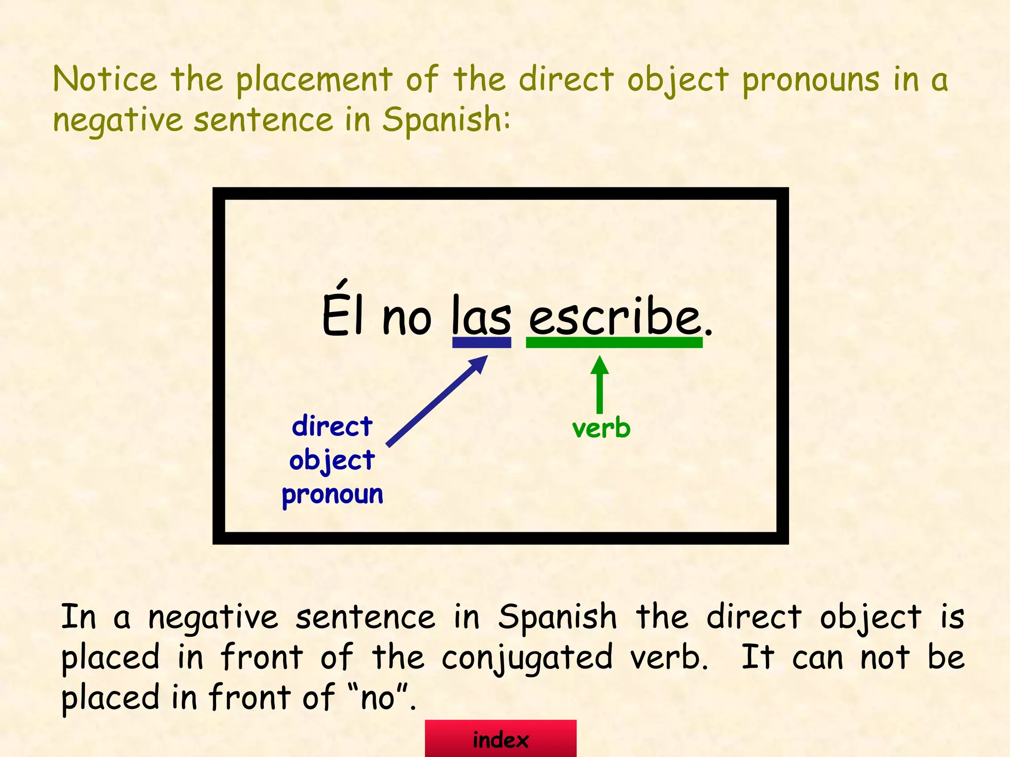 Notice the placement of the direct object pronouns in a
negative sentence in Spanish:
Él no las escribe.
direct
object
pronoun
verb
In a negative sentence in Spanish the direct object is
placed in front of the conjugated verb. It can not be
placed in front of “no”.
index
 