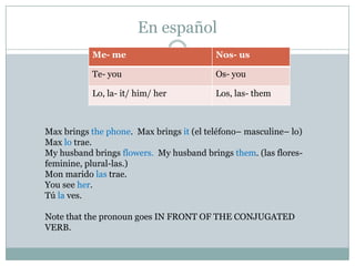 En español
           Me- me                         Nos- us

           Te- you                        Os- you

           Lo, la- it/ him/ her           Los, las- them



Max brings the phone. Max brings it (el teléfono– masculine– lo)
Max lo trae.
My husband brings flowers. My husband brings them. (las flores-
feminine, plural-las.)
Mon marido las trae.
You see her.
Tú la ves.

Note that the pronoun goes IN FRONT OF THE CONJUGATED
VERB.
 