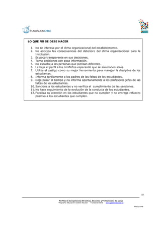 LO QUE NO SE DEBE HACER

 1. No se interesa por el clima organizacional del establecimiento.
 2. No anticipa las consecuencias del deterioro del clima organizacional para la
     Institución.
 3. Es poco transparente en sus decisiones.
 4. Toma decisiones con poca información.
 5. No escucha a las personas que piensan diferente.
 6. Le baja el perfil a los conflictos esperando que se solucionen solos.
 7. Utiliza el castigo como su mejor herramienta para manejar la disciplina de los
     estudiantes.
 8. Informa tardíamente a los padres de las faltas de los estudiantes.
 9. Deja pasar el tiempo y no informa oportunamente a los profesores jefes de las
     faltas de los estudiantes.
 10. Sanciona a los estudiantes y no verifica el cumplimiento de las sanciones.
 11. No hace seguimiento de la evolución de la conducta de los estudiantes.
 12. Focaliza su atención en los estudiantes que no cumplen y no entrega refuerzo
     positivo a los estudiantes que cumplen.




                                                                                                         10


                      Perfiles de Competencias Directivas, Docentes y Profesionales de apoyo
                     Programa Educación-Gestión Escolar  Fundación Chile  www.gestionescolar.cl

                                                                                                  Mayo/2006
 