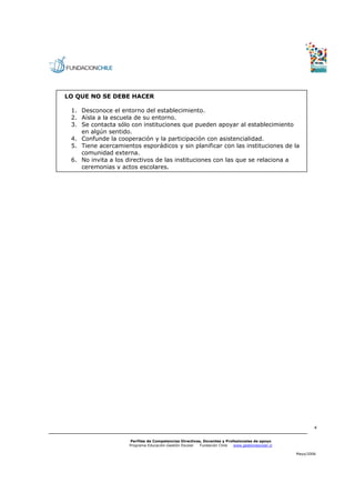 LO QUE NO SE DEBE HACER

 1. Desconoce el entorno del establecimiento.
 2. Aísla a la escuela de su entorno.
 3. Se contacta sólo con instituciones que pueden apoyar al establecimiento
    en algún sentido.
 4. Confunde la cooperación y la participación con asistencialidad.
 5. Tiene acercamientos esporádicos y sin planificar con las instituciones de la
    comunidad externa.
 6. No invita a los directivos de las instituciones con las que se relaciona a
    ceremonias y actos escolares.




                                                                                                          4


                      Perfiles de Competencias Directivas, Docentes y Profesionales de apoyo
                     Programa Educación-Gestión Escolar  Fundación Chile  www.gestionescolar.cl

                                                                                                  Mayo/2006
 