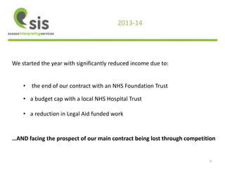 9 
2013-14 
We started the year with significantly reduced income due to: 
• the end of our contract with an NHS Foundation Trust 
• a budget cap with a local NHS Hospital Trust 
• a reduction in Legal Aid funded work 
…AND facing the prospect of our main contract being lost through competition 
 