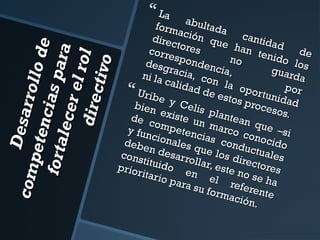 Des
com
a rro l
pe te
lo d e
n cia
fo rt a
s p ar
le ce
a
r el r
d irec o l
tiv o

 La

form abultada
ación
direc
que cantidad
t
han
corre ores
de
t eni d
s
o lo
desg ponden no
cia,
racia
gu ar s
ni la
,
da
calid con la
po r
ad d
o po r
Urib
e est
e y
os pr tunidad
Celis
bien
oces
os .
plan
exist
t ean
de c
e un
omp
q
eten marco c ue –si
y fu n
cias
o
cion
cond nocido
ales
debe
qu e
u
n de
los d ctuales
sarro
cons
irect
tituid
llar,
ores
es t e
prior
o e
no s e
n e
itario
l re
h
para
feren a
su f o
te
rmac
ión.



 