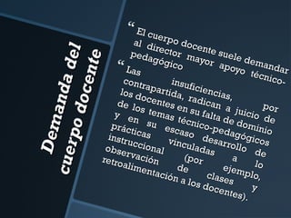  El cu

De m
an da
c ue r
p o d o del
ce nt
e

e
al d rpo doce
ir
n
peda ector m te suele
ayor
gógi
de m
co
anda
apoy
Las
r
o té
cnico
cont
rapa insuficie
rtida
n
los d
, rad cias,
o
ican
de lo centes e
po r
a jui
n su
s tem
cio d
falta
y e
as té
n su
cnico de dom e
prác
-ped
inio
ticas escaso
instr
desa agógicos
vincu
uccio
lada rrollo d
obse
n al
s
e
rvac
(p o r
a
ión
retro
alim
de
ejem lo
enta
plo,
ción
clase
a los
s
do c e
ntes) y
.



 