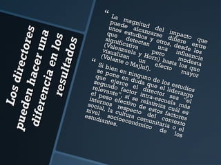 L os d
ire ct
p ue d
o res
en h
a ce r
d ife r
u na
en ci
a en
re su l los
ta do s



La
puedmagnitu
unos e alca d del
que estudionzarse impact
sign detec s y otr difiere o que
(Valeificativa tan u os, des entre
d
n
visua nzuela
peroa influe los
e
(Vola lizan y Horn)
m od n c i a
nte o
u
hasta
e
Majl n
ef ec
los q sta
S i bi
uf).
to
u
se p en en n
mayo e
r
que one en inguno
segu ejerce duda qude los e
relev ndo fac el dir e el lid studios
el p ante”, s tor intr ector s erazgo
intereso efec í se re a-escue ea “el
socia nos re tivo de lativiza la más
nive l, la cu specto estos f cuál es
l
estud socio ltura co del c actores
iante econ muni ontex
to
ómic taria
s.
o d o el
e l
os



 