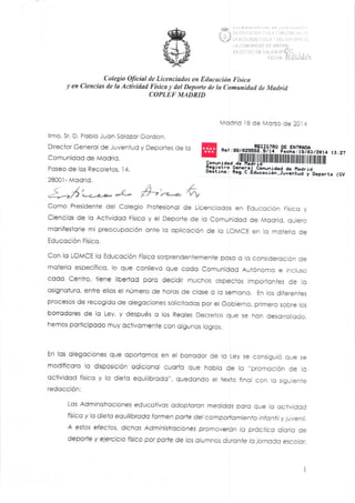 Carta dirigida al Director General de Juventud y Deportes de la Comunidad de Madrid (Don Pablo Salazar Gordon)