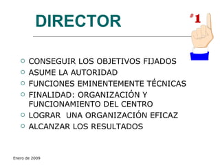DIRECTOR CONSEGUIR LOS OBJETIVOS FIJADOS ASUME LA AUTORIDAD FUNCIONES EMINENTEMENTE TÉCNICAS FINALIDAD: ORGANIZACIÓN Y FUNCIONAMIENTO DEL CENTRO LOGRAR  UNA ORGANIZACIÓN EFICAZ ALCANZAR LOS RESULTADOS 