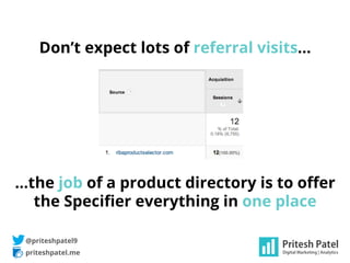 priteshpatel.me
@priteshpatel9
Don’t expect lots of referral visits…
…the job of a product directory is to oﬀer
the Speciﬁ...