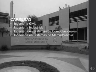 45
CARRERAS
• Ingeniería Civil.
• Ingeniería Industrial.
• Ingeniería en Sistemas de Computacionales.
• Ingeniería en Sistemas de Mercadotecnia.
 