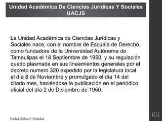 Verdad,BellezaY Probidad
Unidad Académica De Ciencias Jurídicas Y Sociales
UACJS
63
La Unidad Académica de Ciencias Jurídicas y
Sociales nace, con el nombre de Escuela de Derecho,
como fundadora de la Universidad Autónoma de
Tamaulipas el 18 Septiembre de 1950, y su regulación
quedo plasmada en sus lineamientos generales por el
decreto numero 320 expedido por la legislatura local
el día 8 de Noviembre y promulgado el día 14 del
citado mes, haciéndose la publicación en el periódico
oficial del día 2 de Diciembre de 1950.
 