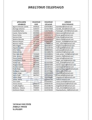 DIRECTORIO TELEFONICO




      APELLIDOS            TELEFONO      TELEFONO                    CORREO
       NOMBRES                FIJO       CELULAR                  ELECTRONICO
Aguirre Jhonata camilo      5434522      3143763851        kavinklen@hotmail.com
Buitrago Johanna            5103157      3214227664        Carobb_2612@hotmail.com
Castañeda Paola             7110262      3106796384        Paolangelr_5657@hotmail.com
Cuesta Diana Camila         6959900      3133302023        dianccuesta@hotmail.com
Duran Carlos                2939905      3204131274        Duran.sgo@hotmail.com
Herrera Erika               6250399      3125282830        Erika.25ja@hotmail.com
Medina Marcela              7713984      3123430915        Marce-264@hotmail.com
Moreno Brayan               3673395      3124437953        Brayan_152008@hotmail.com
Moreno milena               4524521      3133666558        Clau_mile-94@hotmail.com
Niño Ángela                 7604200      3204168727        Angeli17nipi@hotmail.com
Orguela Eyadira             7193562      3212195734        Yadirags09@hotmail.com
Ortiz Yeimy                 2801111      3108043321        yeimysex@hotmail.com
Otálora Erika               ----------   3115480179        Julietha721@hotmail.com
Páez lady diana             7325645      3133448416        Ledy_praez_1120@hotmail.com
Peña Jessica                5700882      3123605544        Jessica_25@hotmail.com
Plazas catalina             8003944      3213662565        Lkpv.sena@hotmail.com
Pulido María Paula          2313867      ---------------   Mapa_puli.92@hotmail.com
Pulido Yuly                 2023932      3213237636        Yuly_pulido@hotmail.com
Raigoso Daniel              6813349      3203437594        Daniel.raigoso@hotmail.com
Ramírez Camila              4019709      3125207212        Camilara93@hotmail.com
Riaño Ruby                  7107271      3214720103        sweetpretyyinego@hotmail.com
Rodríguez marcela           7624325      3213273062        berihas@hotmail.com
Salazar Jorge               2462975      3125818654        Chipmillos@hotmail.com
Sierra Yudy                 3657917      3157109619        Yl.sierra85@hotmail.com
Solano diego                ----------   3102820544        Giegobond13@hotmail.com
Sotelo Yeimy                ----------   3124565769        Yeife15.hotamil.com
Toro Julián                 ----------   3132935827        Julian.zoro92@hotmail.com
Torres Jessica              2048373      3203076747        Jessiquitavivi15@hotmail.com
Trujillo Angélica           3602537      3214198170        Angel931207@hotmail.com
Walteros Tatiana            7758497      3102616748        Tatis_911218@hotmail.com
Zambrano Dayan              7107271      3214720103        Dayanpulluela_14@hotmail.com




TATIANA WALTEROS
JESSICA TORRES
18 /10/2011
 