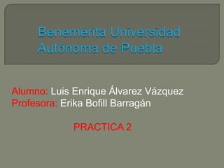 Alumno: Luis Enrique Álvarez Vázquez
Profesora: Erika Bofill Barragán

            PRACTICA 2
 