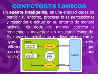 CONECTORES LOGICOS
Un agente inteligente, es una entidad capaz de
 percibir su entorno, procesar tales percepciones
 y responder o actuar en su entorno de manera
 racional, es decir, de manera correcta y
 tendiendo a maximizar un resultado esperado.
 Es capaz de percibir su medioambiente con la
 ayuda de sensores y actuar en ese medio
 utilizando    actuadores     (elementos      que
 reaccionan a un estímulo realizando una
 acción).
 