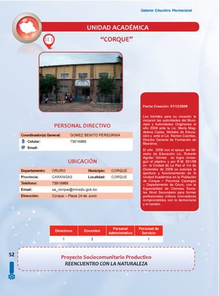 Sistema Educativo Piurinacionai
UNIDAD ACADEMICA
“CORQUE”
PERSONAL DIRECTIVO
Coordinador(a) General: GOMEZ BENITO PEREGRINA
Celular:
Email:
Departamento:
Provincia:
Teléfono:
Email:
Dirección:
73818969
UBICACIÓN
ORURO Municipio:
CARANGAS Localidad:
73818969
ua_corque@minedu.gob.bo
Corque - Plaza 24 de Junio
CORQUE
CORQUE
Fecha Creación: 01/12/2009
Los trámites para su creación la
iniciaron las autoridades del Muni­
cipio y Autoridades Originarias el
año 2008 ante la Lic. María Mag­
dalena Cajías, Ministra de Educa­
ción y ante el Lic. Ramiro Cuentas,
Director General de Formación de
Maestros.
El año 2009 con el apoyo del Mi­
nistro de Educación Lic. Roberto
Aguilar Gómez se logra conse­
guir el objetivo y por R.M. 831/09
en la Ciudad de La Paz el 1ro de
Diciembre de 2009 se autoriza la
apertura y funcionamiento de la
Unidad Académica en la Población
de Corque - Provincia Carangas
- Departamento de Oruro, con la
Especialidad de Ciencias Socia­
les Nivel Secundario para formar
profesionales críticos innovadores
comprometidos con la democracia
y el cambio.
Personal
Administrativo
Personal de
Servicio
52
!
Proyecto Sociocomunitario Productivo
REENCUENTRO CON LA NATURALEZA
 