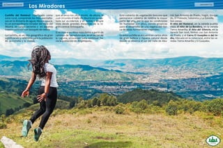 Foto:
Directorio Comercial42 ASOCOMES 43Directorio Comercial42
Cuchilla del Romeral: Clasificado como
zona rural, comprende los filos montaño-
sos en la divisoria de aguas Aburrá-Cauca.
Es un extraordinario mirador del Valle del
Aburrá, en varios sectores y en algunos
tramos coincide con bosques de niebla.
La Cuchilla, es un hito geográfico de gran
significación y referente para la población
de La Estrella y la ciudad,
que alcanza los 2850 msnm. de altura, la
cual circunda el Valle de Aburrá en su cos-
tado sur occidental, y es visible a simple
vista desde grandes distancias de la re-
gión central Antioqueña.
El acceso a los Altos está dados a partir de
caminos de herradura que, en el sector de
la Laguna, atraviesan para continuar ha-
cia la población de Angelópolis.
Los Miradores
Está cubierto de vegetación boscosa que
permanece cubierta de neblina la mayor
parte del año, por lo que las condiciones
de humedad son altas, siendo propicias
para el desarrollo de una vegetación típi-
ca de estas formaciones vegetales.
En esta cuchilla se encuentran varios altos
de gran belleza y riqueza natural desde
donde se observa el sur del Valle de Abu-
rrá: San Antonio de Prado, Itagüí, Enviga-
do, El Poblado, Sabaneta y La Estrella.
Son estos:
El Alto del Romeral, en la vereda pueblo
viejo; El Alto de La Bandera, en la vereda
Tierra Amarilla; El Alto del Silencio, en la
Vereda San José, limites con San Antonio
de Prado, y el Cerro El Guayabo o del In-
dio, Ubicado en la zona rural, entre las ve-
redas Tierra Amarilla y El Guayabo.
 