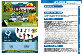 9ASOCOMES
Abogados Pág.
Agencias de Viajes
Almacenes
Directorio Alfabético
50
-
8
46
8
-
-
17
46
34
46
45
49
16
45
34
46
46
17
45
16
45
46
46
46
45
-
45
45
ALTA BUFETE Tel.: 307 10 06 Crr 61 N. 81 S 88
DR. JUAN CARLOS MONTOYA Tel.: 268 67 00 Cel.: 300 385 31 24
DE PUEBLO EN PUEBLO PasajeComercialVeracruzLocal3185Tel.(4)3020170Cel:3137225245
EVENTOS Y TURÍSMO Tel.: 444 55 25 Casa Vieja Loc. 206
BEQUI UNIFORMES Tel.: 279 66 43 Calle 80 S N. 59 41 C.C. La Estrella Loc. 115
BECO UNIFORMES Tel.: 303 43 16 Cra. 50 N. 99 S 167 La Tablaza
CALZADO LA ESTRELLA Tel.: 279 40 96
CICLO SPRING, Bicicletas Tel.: 279 66 93 Calle 81 S N. 59 80
EL BAÚL DE LOS SENTIMIENTOS (Regalos) Tel.: 309 45 43 Cra. 61 N. 81 S 66
EL ROPERO Tel.: 279 15 74 Cra. 61 N. 79 S 67 Calle del Comercio
HUELLA CALZADO Tel.: 302 09 72 Cra. 61 # 81 S 73
LA CAJA VIRTUAL (Papelería) Tel.: 302 15 61 C.C. HECO Loc. 104
LAS DOS JJ Tel.: 279 25 98 - 279 40 92 Cra. 59 N. 81 71 Barrio Primavera
LA ESTRELLA DEL REMATE (Hogar, Ropa) Tel.: 279 13 57 Cra. 61 N. 81 S 30
LA TIENDA DEL PELUQUERO MARIANA Tel.: 279 04 66 Cra. 61 N. 81 S 88
LOLAS IN (Ropa) Tel.: 309 72 85 Enseguida de la Iglesia. Parque
MAXITIENDA DE BELLEZA Tel.: 444 54 40 Calle 80 Sur N. 60-32 Parque.
METÁFORAS TIENDA (Alquiler Vestidos) Tel.: 279 88 60 Casa Vieja Loc. 101
MOTOS AUTECO Tel.: 366 18 62 Cel.: 316 290 76 23 Cra. 60 N. 79 Sur 73
PC INTERKORE (Computo)Tel.: 379 23 22 Calle 80 S N. 59-17
REMATES EL PUNTAZO (Ropa-Hogar) Cel.: 310 415 45 19 Cra. 61 N. 79 Sur 49
TECNOCLYCK (Computo) Tel.:379 93 20 Cel.:301 460 31 33
TELEFONÍA SIDERENSE (Celulares) Cel.: 279 72 97 Cra. 60 N. 79 S 130
EL EMPERADOR (Lubricantes Vehículos) Tel.: 302 00 25
Calle 77 S N. 57 B 111 Parq. Muelles y Servicios Loc. 6
VARIEDADES CLAUDIA ISAZA (Insumos Confección) Tel.: 279 81 36
ARRENDAMIENTOS LA ESTRELLA Tel.: 448 05 77 Calle 80 Parque
ARRENDAMIENTOS LA FAVORITA Tel.: 279 19 30 Cra. 60 N. 80 S 50 Of. 202
ARRENDAMIENTOS SIDERENSE Tel.: 322 00 32 Calle 81 Sur N. 59-115 Loc. 1
INMOBILIARIA CARVAJAL ECHAVARRÍA Tel.: 279 40 82 Calle 81 Sur N. 61-76
Arrendamientos
PAUTANTES Y ASOCIADOS
 