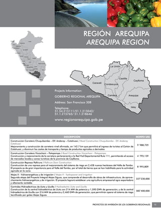 REGIÓN AREQUIPA
Tumbes


    Piura
                   Amazonas

            Cajamarca
                                        Loreto

                                                                                                       AREQUIPA REGION
     Lambayeque
                          San Martín


         La Libertad


                   Ancash
                             Huánuco
                                                 Ucayali
                                     Pasco

                         Lima
                                        Junín
                        Callao                                Madre de Dios
                            Lima
                            Metropolitana

                                   Huancavelica
                                                    Cusco                                                                 La Unión
                                                   Apurímac
                                  Ica       Ayacucho                  Puno



                                                   Arequipa

                                                           Moquegua

                                                                 Tacna
                                                                                                                                   Castilla
                                                                                                                                                  Caylloma
                                                                                                           Caraveli
                                                                                                                      Condesuyos

                                                                              Projects Information:
                                                                                                                        Camana                Arequipa
                                                                              GOBIERNO REGIONAL AREQUIPA

                                                                              Address: San Francisco 308
                                                                                                                                               Islay
                                                                              Telephone:
                                                                              51.54.215111/51.1.215042/
                                                                              51.1.215765/ 51.1.218646

                                                                              www.regionarequipa.gob.pe



                                                                                     DESCRIPCIÓN                                                   MONTO US$
Construcción Carretera Chuquibamba – DV. Andaray – Cotahuasi / Road Construction Chuquibamba - DV. Andaray
Cotahuasi
                                                                                                                                                       9´988,729
Mejoramiento y construcción de carretera nivel afirmado, en 142.7 km que permitirá el ingreso de turistas al Cañón de
Cotahuasi, y disminuir los costos de transporte y tiempo de productos agrícolas o derivados.
Construcción Carretera Vizcachani – Patapampa / Road Construction Vizcachani - Patapampa
Construcción y mejoramiento de la carretera perteneciente a la Red Vial Departamental Ruta 111, permitiendo el acceso                                  4´795,139
de mercados locales y zonas turísticas de la provincia de Caylloma.
Construcción Represa Paltirure / Paltirure Dam Construction
Construcción de una represa para el mejoramiento del sistema de riego en 2,428 nuevas hectáreas del Valle de Tambo.
                                                                                                                                                       8´995,809
El proyecto es de gran importancia para el Valle del Tambo, por el total de tierras que se han habilitado para la actividad
agrícola en la zona.
Majes II - hidroenergéticos y de irrigación / Majes II - hydropower and irrigation
Segunda etapa del Proyecto Integral Majes Siguas, que comprende el desarrollo de obras de infraestructura, de aprove-
                                                                                                                                                       337’230,000
chamiento hidroenergéticos y de irrigación. El proyecto logrará establecer una agricultura empresarial agro exportadora
y altamente rentable.
Centrales Hidroeléctricas de Lluta y Lluclla / Hydroelectric Lluta and Lluclla
Construcción de la central hidroeléctrica de Lluta con 214 MW de potencia y 1,590 GWh de generación; y de la central
                                                                                                                                                       582’400,000
hidroeléctrica de Lluclla con 316 MW de potencia y 2,460 GWh de generación; que permitirán operar el sistema de riego
tecnificado por goteo Majes Siguas.



                                                                                                           PROYECTOS DE INVERSIÓN DE LOS GOBIERNOS REGIONALES        15
 