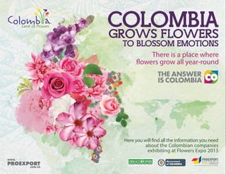 Here you will find all the information you need
about the Colombian companies
exhibiting at Flowers Expo 2013
Association of Colombian Flower Exporters
There is a place where
flowers grow all year-round
COLOMBIAGROWS FLOWERS
TO BLOSSOM EMOTIONS
Libertad y Orden
 