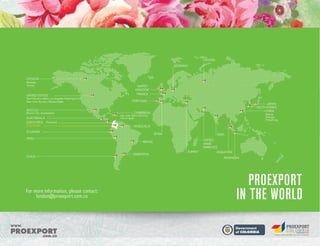 RUSSIA
GERMANY

CANADA
Montreal,
Toronto.

UNITED STATES

San Francisco, Miami, Los Angeles, Washington D.C
New York, Houston, Atlanta, Dallas.

MEX ICO

Mexico City, Guadalajara.

GUAT EMALA
COSTA RICA (Panama).
COLOMBIA

UNITED
KINGDOM
FRANCE
PORTUGAL

CARIBBEAN

CHILE

Beiji ng ,
Shangai,
Hong Kong.

San Juan, Santo Domingo,
Port of Spain

VENEZUELA

ECUADOR
PERU

JAPAN
SOUTH KOREA
CHINA

SPAIN

INDIA
UNITED
ARAB
EMIRATES

BRAZIL

ARGENTINA

TURKEY

SINGAPORE
INDONESIA

PROEXPORT
IN THE WORLD

For more information, please contact:
london@proexport.com.co

L ib ertad

y O rd e n

 