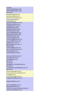 no aplica
HDDKFJ2@HOTMAIL.COM
JHHHYUY@HOTMAIL.COM
NO APLICA
aguaditagrande@hotmail.com
aguaditagrande@hotmail.com
posprimariamorritos@hotmail.com
crisantoluque@hotmail.com
iefiladelfia@yahoo.es
yaquicarreno@terra.com.co
elnioyelsaber@yahoo.es
cevida@telecom.com.co
GSE@HOTMAIL.COM
DSDDD@HOTMAIL.COM
NJGF@HOTMAIL.COM
colvoes108027@yahoo.es
NHHGFF@HOTMAIL.COM
SDDD@HOTMAIL.COM
colsandiego@yahoo.es
carlospina69@hotmail.com
consuo109@hotmail.com
gisa@telecom.com.co
gpalreal@telecom.com.co
TEDUDEU@H
italdorada@hotmail.com
ngarzon1976@hotmail.com
insnaldo@gmail.com
colmafisu@hotmail.com

colecarmen@hotmail.com
purino@hotmail.com
colreba@gmail.com
NO APLICA
NO APLICA
INUM@COL2.TELECOM.COM.CO
NO APLICA
huellitasdelfuturo2912@hotmail.com
NO APLICA
posprimarialafelisa@hotmail.com
posprimariallanadasmerced@hotmail.com
iemajgg@hotmail.es
posprimariaellimon@hotmail.com
ceaguabonita@hotmail.com

jaduga123@yahoo.com

gavanas2009@gmail.com
llanadas@hotmail.com
instituto_manzanares@starmedia.com
colrosario1917@yahoo.com
 