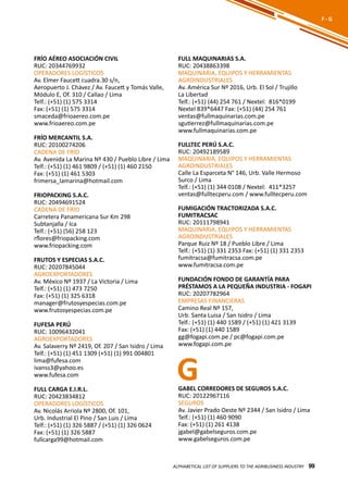 99
FULL MAQUINARIAS S.A.
RUC: 20438863398
MAQUINARIA, EQUIPOS Y HERRAMIENTAS
AGROINDUSTRIALES
Av. América Sur Nº 2016, Urb. El Sol / Trujillo
La Libertad
Telf.: (+51) (44) 254 761 / Nextel: 816*0199
Nextel 839*6447 Fax: (+51) (44) 254 761
ventas@fullmaquinarias.com.pe
sgutierrez@fullmaquinarias.com.pe
www.fullmaquinarias.com.pe
FULLTEC PERÚ S.A.C.
RUC: 20492189589
MAQUINARIA, EQUIPOS Y HERRAMIENTAS
AGROINDUSTRIALES
Calle La Esparceta N° 146, Urb. Valle Hermoso
Surco / Lima
Telf.: (+51) (1) 344 0108 / Nextel: 411*3257
ventas@fulltecperu.com / www.fulltecperu.com
FUMIGACIÓN TRACTORIZADA S.A.C.
FUMITRACSAC
RUC: 20111798941
MAQUINARIA, EQUIPOS Y HERRAMIENTAS
AGROINDUSTRIALES
Parque Ruiz Nº 18 / Pueblo Libre / Lima
Telf.: (+51) (1) 331 2353 Fax: (+51) (1) 331 2353
fumitracsa@fumitracsa.com.pe
www.fumitracsa.com.pe
FUNDACIÓN FONDO DE GARANTÍA PARA
PRÉSTAMOS A LA PEQUEÑA INDUSTRIA - FOGAPI
RUC: 20207782964
EMPRESAS FINANCIERAS
Camino Real Nº 157,
Urb. Santa Luisa / San Isidro / Lima
Telf.: (+51) (1) 440 1589 / (+51) (1) 421 3139
Fax: (+51) (1) 440 1589
gg@fogapi.com.pe / pc@fogapi.com.pe
www.fogapi.com.pe
FRÍO AÉREO ASOCIACIÓN CIVIL
RUC: 20344769932
OPERADORES LOGÍSTICOS
Av. Elmer Faucett cuadra.30 s/n,
Aeropuerto J. Chávez / Av. Faucett y Tomás Valle,
Módulo E, Of. 310 / Callao / Lima
Telf.: (+51) (1) 575 3314
Fax: (+51) (1) 575 3314
smaceda@frioaereo.com.pe
www.frioaereo.com.pe
FRÍO MERCANTIL S.A.
RUC: 20100274206
CADENA DE FRÍO
Av. Avenida La Marina Nº 430 / Pueblo Libre / Lima
Telf.: (+51) (1) 461 9809 / (+51) (1) 460 2150
Fax: (+51) (1) 461 5303
frimersa_lamarina@hotmail.com
FRIOPACKING S.A.C.
RUC: 20494691524
CADENA DE FRÍO
Carretera Panamericana Sur Km 298
Subtanjalla / Ica
Telf.: (+51) (56) 258 123
rflores@friopacking.com
www.friopacking.com
FRUTOS Y ESPECIAS S.A.C.
RUC: 20207845044
AGROEXPORTADORES
Av. México Nº 1937 / La Victoria / Lima
Telf.: (+51) (1) 473 7250
Fax: (+51) (1) 325 6318
manager@frutosyespecias.com.pe
www.frutosyespecias.com.pe
FUFESA PERÚ
RUC: 10096432041
AGROEXPORTADORES
Av. Salaverry Nº 2419, Of. 207 / San Isidro / Lima
Telf.: (+51) (1) 451 1309 (+51) (1) 991 004801
lima@fufesa.com
ivanss3@yahoo.es
www.fufesa.com
FULL CARGA E.I.R.L.
RUC: 20423834812
OPERADORES LOGÍSTICOS
Av. Nicolás Arriola Nº 2800, Of. 101,
Urb. Industrial El Pino / San Luis / Lima
Telf.: (+51) (1) 326 5887 / (+51) (1) 326 0624
Fax: (+51) (1) 326 5887
fullcarga99@hotmail.com
ALPHABETICAL LIST OF SUPPLIERS TO THE AGRIBUSINESS INDUSTRY 99
F - G
GABEL CORREDORES DE SEGUROS S.A.C.
RUC: 20122967116
SEGUROS
Av. Javier Prado Oeste Nº 2344 / San Isidro / Lima
Telf.: (+51) (1) 460 9090
Fax: (+51) (1) 261 4138
jgabel@gabelseguros.com.pe
www.gabelseguros.com.pe
G
 