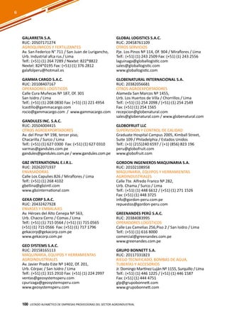 100
GLOBAL LOGISTICS S.A.C.
RUC: 20458761109
OTROS SERVICIOS
Pje. Los Pinos Nº 114, Of. 904 / Miraflores / Lima
Telf.: (+51) (1) 243 2509 Fax: (+51) (1) 243 2556
laguinaga@globallogistic.com
sales@globallogistic.com
www.globallogistic.com
GLOBENATURAL INTERNACIONAL S.A.
RUC: 20382056681
OTROS AGROEXPORTADORES
Alameda San Marcos Nº 1455,
Urb. Los Huertos de Villa / Chorrillos / Lima
Telf.: (+51) (1) 254 2098 / (+51) (1) 254 2549
Fax: (+51) (1) 254 1565
recepcion@globenatural.com
sales@globenatural.com / www.globenatural.com
GLOBOFRUIT LLC
SUPERVISIÓN Y CONTROL DE CALIDAD
Graduate Hospital Campus 2005, Kimball Street,
Suite 109 / Philadelphia / Estados Unidos
Telf.: (+1) (215)240 6597 / (+1) (856) 823 196
peru@globofruit.com
www.globofruit.com
GORDON INGENIEROS MAQUINARIA S.A.
RUC: 20102108958
MAQUINARIA, EQUIPOS Y HERRAMIENTAS
AGROINDUSTRIALES
Calle Tte. Alfredo Franco Nº 282,
Urb. Chama / Surco / Lima
Telf.: (+51) (1) 448 6612 / (+51) (1) 271 1526
Fax: (+51) (1) 448 3725
info@gordon-peru.com.pe
repuestos@gordon-peru.com
GREENANDES PERÚ S.A.C.
RUC: 20384083995
OPERADORES LOGÍSTICOS
Calle Las Camelias 256,Piso 2 / San Isidro / Lima
Telf.: (+51) (1) 616 8000
comercial@greenandes.com.pe
www.greenandes.com.pe
GRUPO BONNETT S.A.
RUC: 20117331823
RIEGO TECNIFICADO, BOMBAS DE AGUA,
TUBERÍAS Y ACCESORIOS
Jr. Domingo Martínez Luján Nº 1155, Surquillo / Lima
Telf.: (+51) (1) 446 1225 / (+51) (1) 446 1587
Fax: (+51) (1) 444 4751
glp@grupobonnett.com
www.grupobonnett.com
Listado ALFABÉTICO DE EMPRESAS PROVEEDORAS Del sector agroindustrial100
G
GALARRETA S.A.
RUC: 20507171274
AGROQUÍMICOS Y FERTILIZANTES
Av. San Federico N° 711 / San Juan de Lurigancho,
Urb. Industrial afca rus / Lima
Telf.: (+51) (1) 264 7289 / Nextel: 822*8822
Nextel: 824*0195 Fax: (+51) (1) 376 2812
galafolperu@hotmail.es
GAMMA CARGO S.A.C.
RUC: 20108407167
OPERADORES LOGÍSTICOS
Calle Cura Muñecas Nº 187, Of. 301
San Isidro / Lima
Telf.: (+51) (1) 208 0830 Fax: (+51) (1) 221 4954
lcastillo@gammacargo.com
rocio@gammacargo.com / www.gammacargo.com
GANDULES INC. S.A.C.
RUC: 20504004415
OTROS AGROEXPORTADORES
Av. del Pinar Nº 198, tercer piso,
Chacarilla / Surco / Lima
Telf.: (+51) (1) 627 0300 Fax: (+51) (1) 627 0310
varmas@gandules.com.pe
gandules@gandules.com.pe / www.gandules.com.pe
GBZ INTERNATIONAL E.I.R.L.
RUC: 20262071937
ENVASADORAS
Calle Los Capulies 826 / Miraflores / Lima
Telf.: (+51) (1) 268 4102
gbellina@gbzintl.com
www.gbzinternational.com
GEKA CORP S.A.C.
RUC: 20432427928
ENVASES Y EMBALAJES
Av. Héroes del Alto Cenepa Nº 563,
Urb. Chacra Cerro / Comas / Lima
Telf.: (+51) (1) 715 0564 / (+51) (1) 715 0565
(+51) (1) 715 0566 Fax: (+51) (1) 717 1796
gekacorp@gekacorp.com.pe
www.gekacorp.com.pe
GEO SYSTEMS S.A.C.
RUC: 20158165113
MAQUINARIA, EQUIPOS Y HERRAMIENTAS
AGROINDUSTRIALES
Av. Javier Prado Este Nº 1402, Of. 201,
Urb. Córpac / San Isidro / Lima
Telf.: (+51) (1) 315 2910 Fax: (+51) (1) 224 2997
ventas@geosystemsperu.com
cpurizaga@geosystemsperu.com
www.geosystemsperu.com
 