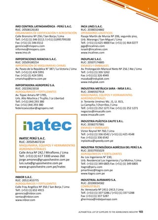 103
IMO CONTROL LATINOAMÉRICA - PERÚ S.A.C.
RUC: 20508126183
ORGANISMOS DE CERTIFICACIÓN Y ACREDITACIÓN
Calle Bronsino Nº 256 / San Borja / Lima
Telf.: (+51) (1) 346 0112 / (+51) (1)995799100
Fax: (+51) (1) 346 0112
gerencia@imoperu.com
informes@imoperu.com
www.imo.ch
IMPORTACIONES MANCHA S.A.C.
RUC: 20509180254
IMPORTACIÓN DE MAQUINARIAS CHINAS
Av. Paseo de la República N° 387 / La Victoria / Lima
Telf.: (+51) (1) 424 5991
Fax: (+51) (1) 424 5991
cmanchap@terra.com.pe
IMPORTADORA AGROPERÚ S.A.
RUC: 20220623018
AGROQUÍMICOS Y FERTILIZANTES
Av. Túpac Amaru Nº 1785,
Urb. Alto Mochica / Trujillo / La Libertad
Telf.: (+51) (44) 293 380
Fax: (+51) (44) 293 380
federicoescobar@agroperu.net
INCA LINES S.A.C.
RUC: 20380324882
OPERADORES LOGÍSTICOS
Pasaje Martín de Murúa Nº 206, segundo piso,
Urb. Maranga / San Miguel / Lima
Telf.: (+51) (1) 625 4800 Fax: (+51) (1) 464 0277
pgp@incalines.com
israelr@incalines.com
www.incalines.com
INDUPLAK S.A.C.
RUC: 20507174885
ENVASES Y EMBALAJES
Av. Prolongación Mariscal Nieto Nº 256 / Ate / Lima
Telf.: (+51) (1) 326 5262
Fax: (+51) (1) 326 4949
mazaka@induplak.com
www.induplak.com
INDUSTRIA METÁLICA SARA - IMSA S.R.L.
RUC: 20485927914
MAQUINARIA, EQUIPOS Y HERRAMIENTAS
AGROINDUSTRIALES
Jr. Teniente Jiménez Mz. J1, Lt. B15,
La Campiña / Chorrillos / Lima
Telf.: (+51) (1) 252 1271 Fax: (+51) (1) 252 1271
negocios@imsacafe.com
www.imsacafe.com
INDUSTRIA PLÁSTICA CAUTE S.R.L.
RUC: 20382757981
ENVASES Y EMBALAJES
Víctor Reynel Nº 760 / Lima
Telf.: (+51) (1) 336 6542 / (+51) (1) 425 4548
Fax: (+51) (1) 336 6542
inplastica@speedy.com.pe
INDUSTRIA TECNOLÓGICA AGRÍCOLA DEL PERÚ S.A.
RUC: 20337935029
AGROQUÍMICOS Y FERTILIZANTES
Av. Los Ingenieros N° 230,
Urb. Residencial Los Ingenieros / La Molina / Lima
Telf.: (+51) (1) 349 6805 Fax: (+51) (1) 349 6805
itagro@peru.com
pmartinez@itagro.com.pe
www.itagro.com.pe
INDUSTRIAL ALPAMAYO S.A.
RUC: 20100034582
COMBUSTIBLES
Av. Venezuela Nº 2411-2413 / Lima
Telf.: (+51) (1) 337 5286 / (+51) (1) 337 5288
Fax: (+51) (1) 337 5287
ghermoza@indalpamayo.com
ALPHABETICAL LIST OF SUPPLIERS TO THE AGRIBUSINESS INDUSTRY 103
INATEC PERÚ S.A.C.
RUC: 20505467214
MAQUINARIA, EQUIPOS Y HERRAMIENTAS
AGROINDUSTRIALES
Calle Arica Nº 242 / Miraflores / Lima
Telf.: (+51) (1) 617 3300 anexo 260
jorge.amones@gruposilvestre.com.pe
luis.suta@gruposilvestre.com.pe
www.gruposilvestre.com.pe/inatec
I
INBIOR S.A.C.
RUC: 20511455775
AGROQUÍMICOS Y FERTILIZANTES
Calle Fray Angélico Nº 350 / San Borja / Lima
Telf.: (+51) (1) 652 4915
gerencia@inbior.com
ventas@inbior.com
www.inbior.com
 