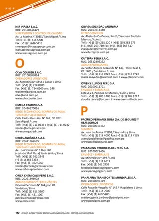 112
NSF INASSA S.A.C.
RUC: 20100346479
SUPERVISIÓN Y CONTROL DE CALIDAD
Av. La Marina N°3035 / San Miguel / Lima
Telf.: (+51) (1) 616 5200
Fax: (+51) (1) 616 5216
smengoni@inassagroup.com.pe
inassa@inassagroup.com.pe
www.inassagroup.com.pe
ORVISA SOCIEDAD ANÓNIMA
RUC: 20103913340
OTROS SERVICIOS
Av. Abelardo Quiñones, Km 2 / San Juan Bautista
Maynas / Loreto
Telf.: (+51) (65) 265 520 / (+51) (65) 263 976
(+51) (65) 263 710 Fax: (+51) (65) 265 517
cvasquezv@ferreyros.com.pe
www.ferreyros.com.pe
OUTSPAN PERÚ S.A.C.
RUC: 20512896252
AGROEXPORTADORES
Av. Víctor Andrés Belaunde N° 147, Torre Real 3,
Of. 1401 / San Isidro / Lima
Telf.: (+51) (1) 716 0720 Fax: (+51) (1) 716 0722
maria.saavedra@olamnet.com / www.olamnet.com
OWENS ILLINOIS PERÚ S.A.
RUC: 20100011701
ENVASES Y EMBALAJES
Lote A-23, Pampas de Mamay / Lurín / Lima
Telf.: (+51) (1) 705 1200 Fax: (+51) (1) 705 1212
claudia.tavara@o-i.com / www.owens-illinois.com
O
P
Listado ALFABÉTICO DE EMPRESAS PROVEEDORAS Del sector agroindustrial112
N - O - P
OLVA COURIER S.A.C.
RUC: 20100686814
OPERADORES LOGÍSTICOS
Av. Argentina Nº 4458 / Callao / Lima
Telf.: (+51) (1) 714 0900
Fax: (+51) (1) 714 0909 anx. 246
waltervela@olva.com.pe
olva@olva.com.pe
www.olvacourier.com
OMEGA TRADING S.A.
RUC: 20426970016
RIEGO TECNIFICADO, BOMBAS DE AGUA,
TUBERÍAS Y ACCESORIOS
Calle Carlos González N° 267, Of. 207
San Miguel / Lima
Telf.: (+51) (1) 711 0233 / (+51) (1) 711 0232
ventas@omegatrad.com
www.omegatrad.com
ORBES AGRÍCOLA S.A.C.
RUC: 20421367605
RIEGO TECNIFICADO, BOMBAS DE AGUA,
TUBERÍAS Y ACCESORIOS
Av. Los Cipreses N° 136 y 140
(costado Mall Plaza) Santa Anita / Lima
Telf.: (+51) (1) 362 2343
(+51) (1) 362 3392
Fax: (+51) (1) 362 5057
ventas@orbesagricolasac.com
www.orbesagricolasac.com
ORICA CHEMICALS PERÚ S.A.C.
RUC: 20291398902
AGROQUÍMICOS Y FERTILIZANTES
Dionisio Derteano N° 144, piso 20
San Isidro / Lima
Telf.: (+51) (1) 611 3500
Fax: (+51) (1) 421 1007
patricia.chueca@orica.com
www.orica.com
PACÍFICO PERUANO SUIZA CÍA. DE SEGUROS Y
REASEGUROS
RUC: 20100035392
SEGUROS
Av. Juan de Arona N° 830 / San Isidro / Lima
Telf.: (+51) (1) 518 4000 Fax: (+51) (1) 518 4295
atencionalcliente@pacifico.com.pe
www.pacificoseguros.com
PACKAGING PRODUCTS DEL PERÚ S.A.
RUC: 20100029406
ENVASES Y EMBALAJES
Av. Minerales Nº 349 / Lima
Telf.: (+51) (1) 611 6611
Fax: (+51) (1) 561 2753
ldecossio@packagingperu.com
www.packagingperu.com
PANALPINA TRANSPORTES MUNDIALES S.A.
RUC: 20100095379
OPERADORES LOGÍSTICOS
Calle Roca de Vergallo N° 145 / Magdalena / Lima
Telf.: (+51) (1) 714 7000
Fax: (+51) (1) 460 5700
mariaeugenia.barbero@panalpina.com
www.panalpina.com.pe
 