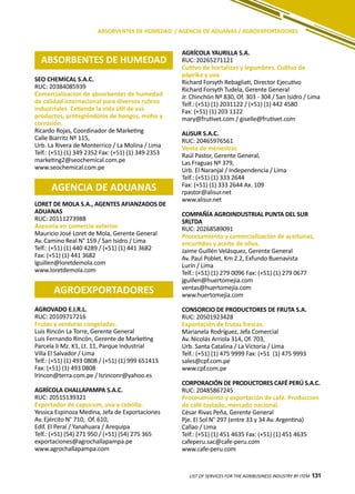 131
SEO CHEMICAL S.A.C.
RUC: 20384085939
Comercializacion de absorbentes de humedad
de calidad internacional para diversos rubros
industriales. Extiende la vida útil de sus
productos, protegiéndolos de hongos, moho y
corrosión.
Ricardo Rojas, Coordinador de Marketing
Calle Biarritz Nº 115,
Urb. La Rivera de Monterrico / La Molina / Lima
Telf.: (+51) (1) 349 2352 Fax: (+51) (1) 349 2353
marketing2@seochemical.com.pe
www.seochemical.com.pe
ABSORBENTES DE HUMEDAD
AGROEXPORTADORES
AGENCIA DE ADUANAS
AGRÍCOLA YAURILLA S.A.
RUC: 20265271121
Cultivo de hortalizas y legumbres. Cultivo de
páprika y uva.
Richard Forsyth Rebagliati, Director Ejecutivo
Richard Forsyth Tudela, Gerente General
Jr. Chinchón Nº 830, Of. 303 - 304 / San Isidro / Lima
Telf.: (+51) (1) 2031122 / (+51) (1) 442 4580
Fax: (+51) (1) 203 1122
mary@frutivet.com / giselle@frutivet.com
ALISUR S.A.C.
RUC: 20465976561
Venta de menestras
Raúl Pastor, Gerente General,
Las Fraguas Nº 379,
Urb. El Naranjal / Independencia / Lima
Telf.: (+51) (1) 333 2644
Fax: (+51) (1) 333 2644 Ax. 109
rpastor@alisur.net
www.alisur.net
COMPAÑÍA AGROINDUSTRIAL PUNTA DEL SUR
SRLTDA
RUC: 20268589091
Procesamiento y comercialización de aceitunas,
encurtidos y aceite de oliva.
Jaime Guillén Velásquez, Gerente General
Av. Paul Poblet, Km 2.2, Exfundo Buenavista
Lurín / Lima
Telf.: (+51) (1) 279 0096 Fax: (+51) (1) 279 0677
jguillen@huertomejia.com
ventas@huertomejia.com
www.huertomejia.com
CONSORCIO DE PRODUCTORES DE FRUTA S.A.
RUC: 20501923428
Exportación de frutas frescas.
Marianela Rodríguez, Jefa Comercial
Av. Nicolás Arriola 314, Of. 703,
Urb. Santa Catalina / La Victoria / Lima
Telf.: (+51) (1) 475 9999 Fax: (+51 (1) 475 9993
sales@cpf.com.pe
www.cpf.com.pe
CORPORACIÓN DE PRODUCTORES CAFÉ PERÚ S.A.C.
RUC: 20485867245
Procesamiento y exportación de café. Produccion
de café tostado, mercado nacional.
César Rivas Peña, Gerente General
Pje. El Sol N° 297 (entre 33 y 34 Av. Argentina)
Callao / Lima
Telf.: (+51) (1) 451 4635 Fax: (+51) (1) 451 4635
cafeperu.sac@cafe-peru.com
www.cafe-peru.com
AGROVADO E.I.R.L.
RUC: 20109717216
Frutas y verduras congeladas.
Luis Rincón La Torre, Gerente General
Luis Fernando Rincón, Gerente de Marketing
Parcela II Mz. K1, Lt. 11, Parque Industrial
Villa El Salvador / Lima
Telf.: (+51) (1) 493 0808 / (+51) (1) 999 651413
Fax: (+51) (1) 493 0808
lrincon@terra.com.pe / lsrinconr@yahoo.es
AGRÍCOLA CHALLAPAMPA S.A.C.
RUC: 20515139321
Exportador de capsicum, uva y cebolla.
Yessica Espinoza Medina, Jefa de Exportaciones
Av. Ejército N° 710, Of. 610,
Edif. El Peral / Yanahuara / Arequipa
Telf.: (+51) (54) 271 950 / (+51) (54) 275 365
exportaciones@agrochallapampa.pe
www.agrochallapampa.com
LIST OF SERVICES FOR THE AGRIBUSINESS INDUSTRY BY ITEM 131
LORET DE MOLA S.A., AGENTES AFIANZADOS DE
ADUANAS
RUC: 20111273988
Asesoría en comercio exterior.
Mauricio José Loret de Mola, Gerente General
Av. Camino Real N° 159 / San Isidro / Lima
Telf.: (+51) (1) 440 4289 / (+51) (1) 441 3682
Fax: (+51) (1) 441 3682
lguillen@loretdemola.com
www.loretdemola.com
ABSORVENTES DE HUMEDAD / AGENCIA DE ADUANAS / AGROEXPORTADORES
 