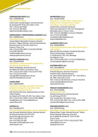 132
CORPORACIÓN ROOTS S.A.
RUC: 20392064550
Exportación de flores.
Carlos Javier Lozada Zingoni, Gerente General
Av. Arequipa Nº 3510 / San Isidro / Lima
Telf.: (+51) (1) 202 4020
Fax: (+51) (1) 202 4026
exportaciones@roostperu.com
EMPACADORA Y PROCESADORA HUAMANÍ S.A.C.
RUC: 20508161761
Exportación de frutas, hortalizas y legumbres.
Ismael Alberto Benavides Ferreyros, Gerente
General / Miguel Altamiza, Jefe de Exportaciones
Panamericana Sur Km 245, Santa Cruz
Paracas / Pisco / Ica
Telf.: (+51) (1) 445 2002 / (+51) (56) 720 058
(+51) (56) 720 059
maltamiza@huamani.com.pe
www.grupohuamani.com.pe
FRUTOS Y ESPECIAS S.A.C.
RUC: 20207845044
Distribución, comercialización importación y
exportación de productos.
Pedro Santisteban, Gerente General
Av. México Nº 1937 / La Victoria / Lima
Telf.: (+51) (1) 473 7250 / (+51) (1) 473 7552
Fax: (+51) (1) 325 6318
manager@frutosyespecias.com.pe
www.frutosyespecias.com.pe
FUFESA PERÚ
RUC: 10096432041
Conservas: espárragos, pimientos morrones,
pimientos de piquillo, alcachofas, frutas
tropicales, legumbres en lata.
Iván Sánchez Falirrosas, Representante en Perú:
Fufesa-España
Av. Salaverry Nº 2419, Of. 207 / San Isidro / Lima
Telf.: (+51) (1) 451 1309 / (+51) (1) 991 004801
lima@fufesa.com / ivanss3@yahoo.es
www.fufesa.com
ICATOM S.A.
RUC: 20310422755
Pasta de tomate; espárragos, camote congelados.
Ing. Fernando Martínez Ramos, Gerente General
Av. Manuel Santana Chiri Nº 1151,
Santo Domingo de Guzmán / Ica
Telf.: (+51) (56) 217 172
Fax: (+51) (56) 223 338
fernando.martinez@icatom.com
www.icatom.com
INTIPAFOODS S.A.C.
RUC: 20224133929
Exportación: arvejita china, arvejita dulce,
frijolito fresco, lechuga fresca, hierbas
aromáticas, uva, palta, arándano.
Cecilia Pizarro, Gerente Comercial
Calle Huancabamba N° 124, Urb. Prolongación
Benavides, piso 2 / Surco / Lima
Telf.: (+51) (1) 278 0006 / (+51) (1) 278 0295
Fax: (+51) (1) 278 0005
ceciliapizarro@intipafoods.com
www.intipafoods.com
LAUMAYER PERÚ S.A.C.
RUC: 20462698292
Exportación de grano verde, café convencional y
café orgánico.
Mauricio Bernal Londoño, Presidente Ejecutivo
Silvia Carbajal López, Contadora
Jr. Vilcahuara N° 181, Urb. Maranga
San Miguel / Lima
Telf.: (+51) (1) 264 7112 / / (+51) (1) 996294165
scl.laumayerperu@terra.com.pe
OUTSPAN PERÚ S.A.C.
RUC: 20512896252
Comercialización de café sin descafeinar y sin tostar.
Orlando Baquero, Gerente Financiero
Prashant Jalan, Gerente General
Av. Víctor Andrés Belaunde N° 147, Torre Real 3,
Of. 1401 / San Isidro / Lima
Telf.: (+51) (1) 716 0720 Fax: (+51) (1) 716 0722
maria.saavedra@olamnet.com
www.olamnet.com
PERALES HUANCARUNA S.A.C.
RUC: 20131495006
Exportación de café
Ricardo Huancaruna, Gerente General
Av. del Parque Nº 257,
Urb. Limatambo / San Isidro / Lima
Telf.: (+51) (1) 421 2439 Fax: (+51) (1) 421 2446
secretarialima@perhusa.com.pe
PERUNOR EXPORT S.A.C.
RUC: 20479721166
Exportación de café verde, orgánico y gastronómico.
Manuel Rojas Tirado, Gerente General / María
Esther Requejo Villanueva, Directora
Av. Cristóbal de Peralta N° 1133, Of. 402
Surco / Lima
Telf.: (+51) (1) 637 7776 / (+51) (1) 637 7781
export@perunor.com
www.perunor.com
LISTADO DE SERVICIOS POR RUBROS PARA EL SECTOR AGROINDUSTRIAL132
AGROEXPORTADORES
 