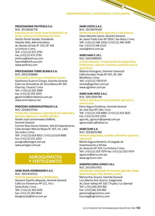 133
PROCESADORA FRUTÍCOLA S.A.
RUC: 20136036778
Exportación de aceite esencial destilado de
limón, cáscara deshidratada de limón.
Héctor Parodi Vasallo, Presidente
Yolanda Tello, Administradora
Av. Nicolás Arriola N° 314, Of. 502
La Victoria / Lima
Telf.: (+51) (1) 475 2795
Fax: (+51) (1) 475 2795
profrusa@profrusa.com
hparodi@profrusa.com
www.profrusa.com
PROCESADORA TORRE BLANCA S.A.
RUC: 20522308880
Procesadora de frutas y hortalizas frescas
Gianfranco Guerrini Crespo, Gerente General
Calle Los Vencedores de Torre Blanca Nº 205
Chancay / Huaral / Lima
Telf.: (+51) (1) 202 3990
Fax: (+51) (1) 202 3935
gguerrinic@torreblanca.com.pe
www.torre-blanca.net
PROCESOS AGROINDUSTRIALES S.A.
RUC: 20100227542
Producción, empaque y exportación de espárragos,
pecanas orgánicas y semillas híbridas.
Andrés Juan Jochamowitz Stafford,
Gerente General
Carmen Rosa García Dulanto, Jefa de Exportaciones
Calle Amador Merino Reyna N° 267, Int. 1301
San Isidro / Lima
Telf.: (+51) (1) 618 4051 / (+51) (1) 618 4000
Fax: (+51) (1) 221 3233
proagro@proagro.com.pe
www.proagro.com.pe
AGROQUÍMICOS
Y FERTILIZANTES
LIST OF SERVICES FOR THE AGRIBUSINESS INDUSTRY BY ITEM 133
AGROEXPORTADORES / AGROQUÍMICOS Y FERTILIZANTES
AGRO BUEN SEMBRADOR S.A.C.
RUC: 20514542512
Venta de agroquímicos y fertilizantes.
Giovanni Espíritu Mayaute, Gerente General
Calle Los Flamencos Nº 121, Int.1
Santa Anita / Lima
Telf.: (+51) (1) 362 0102
Fax: (+51) (1) 362 0014
bioagrocorp@terra.com.pe
AGRO COSTA S.A.C.
RUC: 20130479104
Ventas de productos agrícolas y veterinarios.
César Marcelo Castro, Gerente General,
Av. Javier Prado Este Nº 2959 / San Borja / Lima
Telf.: (+51) (1) 346 1916 / (+51) (1) 346 1649
Fax: (+51) (1) 346 2210
acosa@terra.com.pe
AGRO HARI E.I.R.L.
RUC: 20553489441
Comercialización e importación de plaguicidas,
fertilizantes, abonos e insumos químicos para la
agricultura.
Roberto Portuguez, Gerente Comercial
Calle González Prada Nº 355, Of. 504
Miraflores / Lima
Telf.: (+51) (1) 739 0737
ventas@agrohari.com.pe
www.agrohari.com.pe
AGRO SUNI PERÚ S.A.C.
RUC: 20513936789
Venta y distribución de productos agrícolas y
veterinarios.
Elena Segura Gutiérrez, Gerente General
Av. José Díaz Nº 140 / Lima
Telf.: (+51) (1) 332 8484 / (+51) (1) 433 3625
Fax: (+51) (1) 423 2359
agricola_agrosuni@speedy.com.pe
agrosuniperu@yahoo.es
AGRO SUNI S.A.
RUC: 20100291984
Venta de plaguicidas, semillas y ferretería agrícola y
veterinaria
Michel Segura Rentería, Encargado de
Importaciones y Ventas
Av. Aviación Nº 329 / La Victoria / Lima
Telf.: (+51) (1) 323 7074 Fax: (+51) (1) 323 7074
agrosuni@terra.com.pe
www.agrosuni.com
AGROPECUARIA CHIMÚ S.R.L.
RUC: 20133417452
Distribuidor autorizado de insumos agrícolas: Bayer,
Basf, Farmagro, TQC, Farmex y otros.
Marina Ruiz Guerra, Gerente General
Luis Alberto Ruiz Guerra, Subgerente
Av. César Vallejo Nº 220 / Trujillo / La Libertad
Telf.: (+51) (44) 203 962
Fax: (+51) (44) 254 068
gerencia@agrochimu.com
luisruizg@agrochimu.com
 
