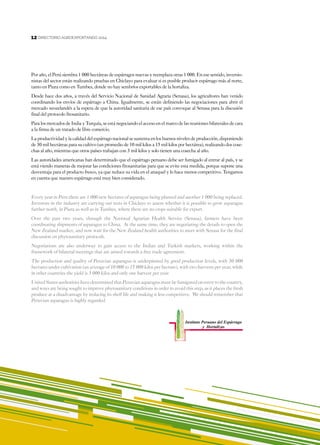 12
DIRECTORIO AGROEXPORTANDO 201412
Por año, el Perú siembra 1 000 hectáreas de espárragos nuevas y reemplaza otras 1 000. En ese sentido, inversio-
nistas del sector están realizando pruebas en Chiclayo para evaluar si es posible producir espárrago más al norte,
tanto en Piura como en Tumbes, donde no hay sembríos exportables de la hortaliza.
Desde hace dos años, a través del Servicio Nacional de Sanidad Agraria (Senasa), los agricultores han venido
coordinando los envíos de espárrago a China. Igualmente, se están definiendo las negociaciones para abrir el
mercado neozelandés a la espera de que la autoridad sanitaria de ese país convoque al Senasa para la discusión
final del protocolo fitosanitario.
Para los mercados de India y Turquía, se está negociando el acceso en el marco de las reuniones bilaterales de cara
a la firma de un tratado de libre comercio.
La productividad y la calidad del espárrago nacional se sustenta en los buenos niveles de producción, disponiendo
de 30 mil hectáreas para su cultivo (un promedio de 10 mil kilos a 15 mil kilos por hectárea), realizando dos cose-
chas al año, mientras que otros países trabajan con 3 mil kilos y solo tienen una cosecha al año.
Las autoridades americanas han determinado que el espárrago peruano debe ser fumigado al entrar al país, y se
está viendo maneras de mejorar las condiciones fitosanitarias para que se evite esta medida, porque supone una
desventaja para el producto fresco, ya que reduce su vida en el anaquel y lo hace menos competitivo. Tengamos
en cuenta que nuestro espárrago está muy bien considerado.
Every year in Peru there are 1 000 new hectares of asparagus being planted and another 1 000 being replaced.
Investors in the industry are carrying out tests in Chiclayo to assess whether it is possible to grow asparagus
further north, in Piura as well as in Tumbes, where there are no crops suitable for export.
Over the past two years, through the National Agrarian Health Service (Senasa), farmers have been
coordinating shipments of asparagus to China. At the same time, they are negotiating the details to open the
New Zealand market, and now wait for the New Zealand health authorities to meet with Senasa for the final
discussion on phytosanitary protocols.
Negotiations are also underway to gain access to the Indian and Turkish markets, working within the
framework of bilateral meetings that are aimed towards a free trade agreement.
The production and quality of Peruvian asparagus is underpinned by good production levels, with 30 000
hectares under cultivation (an average of 10 000 to 15 000 kilos per hectare), with two harvests per year, while
in other countries the yield is 3 000 kilos and only one harvest per year.
United States authorities have determined that Peruvian asparagus must be fumigated on entry to the country,
and ways are being sought to improve phytosanitary conditions in order to avoid this step, as it places the fresh
produce at a disadvantage by reducing its shelf life and making it less competitive. We should remember that
Peruvian asparagus is highly regarded.
 