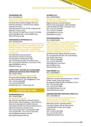 147
TECHNOSERVE INC.
RUC: 20113381516
Asesoría en comercio exterior, consultoría
empresarial, asistencia técnica y gerencial.
Elsa Rosa Patricia Ochoa Delgado de la Flor,
Directora Ejecutiva / Carmen Torres Galloso,
Gerente Financiero
Calle Monterrey N° 373, Of. 901, Chacarilla del
Estanque / Surco / Lima
Telf.: (+51) (1) 719 3507 Fax: (+51) (1) 719 3509
postmaster@tns.org / rnamuche@tns.org
www.technoserve.org
TECNOLOGÍA DE MATERIALES S.A.
RUC: 20123531389
Comercialización, instalación y asistencia técnica
de productos de ingeniería utilizados en obras de
defensa ribereña, conservación y mejoramiento
de suelos, control de erosión, estabilidad de
taludes, impermeabilización, drenaje, subdrenaje
y canalizacio
Pier Giacchetti, Gerente General
José Ferreyros, Director Comercial
Av. Alameda Los Horizontes N° 905,
Urb. Los Huertos de Villa / Chorrillos / Lima
Telf.: (+51) (1) 617 4700 Fax: (+51) (1) 617 4701
pgiacchetti@tdm.com.pe
www.tdm.com.pe
UNOPS PERÚ - Oficina de las Naciones
Unidas de Servicios para Proyectos
RUC: 20507776931
Oficina de adquisiciones para el Estado.
Fernando Cotrim Barbieri, Oficial a Cargo
Av. Pérez Araníbar N° 750 / Magdalena / Lima
Telf.: (+51) (1) 630 9999
Fax: (+51) (1) 630 9910
peoc@unops.org / www.unops.org
ALITERM S.A.C.
RUC: 20378750076
Equipos para la agroindustria y refrigeración en
general, aire acondicionado.
Miguel Grobman, Gerente General
Patricia Pazos Iparraguirre, Administradora
Calle San Pedro Nº 1395 / Surquillo / Lima
Telf.: (+51) (1) 719 0540
Fax: (+51) (1) 719 0544
ventas@aliterm.com.pe
www.aliterm.com.pe
ASYM INDUSTRIAL S.A.C.
RUC: 20462256940
Implementación y comercialización de bienes
para la refrigeración industrial, cámaras
frigoríficas, hidrocoolers, túneles de prefrío,
líneas de empaque de frutas y verduras,
maquinaria para procesamiento de frutas y
verduras congeladas y conservas.
José Manuel Ruiz Salazar, Director Gerente
Av. Los Ingenieros Nº 104, Urb. Santa Raquel,
2da. Etapa / Ate / Lima
Telf.: (+51) (1) 348 4466
Fax: (+51) (1) 348 8265
asymsa@chavin.rcp.net.pe
gerencia@asym.pe
www.asymperu.com
COLD IMPORT S.A.
RUC: 20100049857
Suministros de equipos de aire acondicionado y
refrigeración industrial.
Adán Cruz Lauriano, Gerente General / Victoria
Guillén Yuyale, Gerente de Ventas
Av. Angamos Oeste Nº 686 / Miraflores / Lima
Telf.: (+51) (1) 242 9100
Fax: (+51) (1) 241 9000
correo@coldimport.com.pe
www.coldimport.com.pe
CORPORACIÓN FRÍO CENTER DEL PERÚ S.A.C.
RUC: 20513068132
Servicio de procesamiento de productos
agroindustriales en congelados y
almacenamiento en cámaras frigoríficas.
Rudy Pérez Samán, Gerente General
Ing. Sergio Chávez, Jefe de Operaciones
Jr. Pacífico 482 / Carmen de la Legua
Callao / Lima
Telf.: (+51) (1) 562 2600
Fax: (+51) (1) 561 6913
frio@friocenterperu.com
LIST OF SERVICES FOR THE AGRIBUSINESS INDUSTRY BY ITEM 147
ASESORÍAS Y PROYECTOS DE AGROEXPORTACIÓN / CADENA DE FRÍO
CADENA DE FRÍO
AGROEMPAQUES S.A.
RUC: 20507453687
Almacenamiento en frío.
Ing. José Carranza Abensur, Gerente General
Víctor Chávez, Jefe de Logística / Alcira Romero,
Área de Comercialización y Administración
Calle Cappa Nº 268, Urb. Parque Industrial de la
Industria y Comercio / Callao / Lima
Telf.: (+51) (1) 562 3377 / (+51) (1) 562 3344
(+51) (1) 562 0361 Fax: (+51) (1) 562 3355
aromero@agroempaques.com.pe
www.agroempaques.com.pe
 