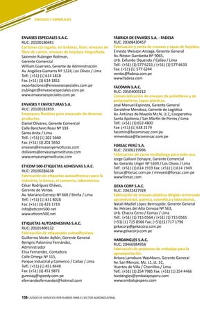 158
ENVASES ESPECIALES S.A.C.
RUC: 20100180481
Cartones corrugado, en bobinas, liner; envases de
fibra de cartón, envases de hojalata litografiada.
Salomón Rubinger Roltman,
Gerente Comercial
William Guerrero, Gerente de Administración
Av. Angélica Gamarra Nº 1224, Los Olivos / Lima
Telf.: (+51) (1) 614 1818
Fax: (+51) (1) 614 1851
exportaciones@envasesespeciales.com.pe
jrubinger@envasesespeciales.com.pe
www.envasesespeciales.com.pe
ENVASES Y ENVOLTURAS S.A.
RUC: 20100182859
Empaques flexibles para envasado de diversos
productos.
Daniel Olivares, Gerente Comercial
Calle Banchero Rossi Nº 193
Santa Anita / Lima
Telf.: (+51) (1) 201 5660
Fax: (+51) (1) 201 5650
envases@envasesyenvolturas.com
dolivares@envasesyenvolturas.com
www.envasesyenvolturas.com
ETICOM 500-ETIQUETAS ADHESIVAS S.A.C.
RUC: 20100286638
Fabricación de etiquetas autoadhesivas para la
industria, la banca, el comercio, laboratorios.
César Rodríguez Chávez,
Gerente de Ventas
Av. Mariano Cornejo Nº 660 / Breña / Lima
Telf.: (+51) (1) 431 8028
Fax: (+51) (1) 423 1719
info@eticom500.net
www.eticom500.net
ETIQUETAS AUTOADHESIVAS S.A.C.
RUC: 20101400132
Fabricación de etiquetado autoadhesivos.
Guillermo Motin Ayllón, Gerente General
Benigno Palomino Fernández,
Administrador
Elisa Fernandez, Contadora
Calle Omega Nº 115,
Parque Industrial y Comercio / Callao / Lima
Telf.: (+51) (1) 451 8448
Fax: (+51) (1) 451 9871
gumoay@speedy.com.pe
efernandezfernandez@hotmail.com
FÁBRICA DE ENVASES S.A. - FADESA
RUC: 20308430457
Fabricación y venta de envases y tapas de hojalata.
Ernesto Weisson Arizaga, Gerente General
Av. Néstor Gambetta Nº 9065,
Urb. Exfundo Oquendo / Callao / Lima
Telf.: (+51) (1) 577 6211 / (+51) (1) 577 6633
Fax: (+51) (1) 577 6244
ventas@fadesa.com.pe
www.fadesa.com
FACOMIN S.A.C.
RUC: 20504009212
Comercialización de envases de polietileno y de
polipropileno, tapas plásticas.
José Manuel Espinoza, Gerente General
Geraldine Mendoza, Gerente de Logística
Av. Antúnez de Mayolo Mz.N, Lt.2, Cooperativa
Santa Apolonia / San Martín de Porres / Lima
Telf.: (+51) (1) 652 4800
Fax: (+51) (1) 638 2179
facomin@facominsac.com.pe
mmendoza@facominsac.com.pe
FORSAC PERÚ S.A.
RUC: 20306219996
Fabricación de sacos multipliego para todo uso.
Jorge Galliani Donayre, Gerente Comercial
Av. Gerardo Unger Nº 5339 / Los Olivos / Lima
Telf.: (+51) (1) 614 1919 Fax: (+51) (1) 614 1949
forsac@forsac.com.pe / mreyesl@forsac.com.pe
www.forsac.com
GEKA CORP S.A.C.
RUC: 20432427928
Fabricación de envases plásticos dirigido al mercado
agroindustrial, química, cosmética y laboratorios.
Natali Madiel López Berrospide, Gerente General
Av. Héroes del Alto Cenepa Nº 563,
Urb. Chacra Cerro / Comas / Lima
Telf.: (+51) (1) 715 0564 / (+51) (1) 715 0565
(+51) (1) 715 0566 Fax: (+51) (1) 717 1796
gekacorp@gekacorp.com.pe
www.gekacorp.com.pe
HARDANGLES S.A.C.
RUC: 20466984958
Fabricación de productos de embalaje para la
agroexportación.
Arturo Larrabure Washburn, Gerente General
Av. San Marcos, Mz. L1, Lt. 1C,
Huertos de Villa / Chorrillos / Lima
Telf.: (+51) (1) 254 7985 Fax: (+51) (1) 254 4466
hardangles@embalajesperu.com
www.embalajesperu.com
LISTADO DE SERVICIOS POR RUBROS PARA EL SECTOR AGROINDUSTRIAL158
ENVASES Y EMBALAJES
 