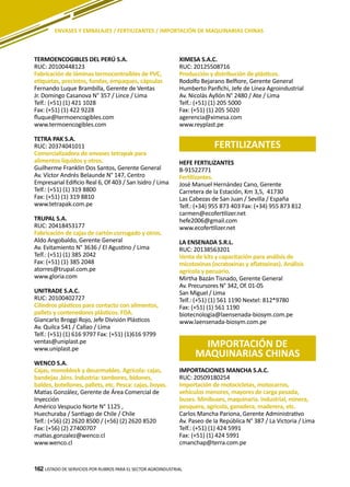 162
TERMOENCOGIBLES DEL PERÚ S.A.
RUC: 20100448123
Fabricación de láminas termocontraíbles de PVC,
etiquetas, precintos, fundas, empaques, cápsulas
Fernando Luque Brambilla, Gerente de Ventas
Jr. Domingo Casanova N° 357 / Lince / Lima
Telf.: (+51) (1) 421 1028
Fax: (+51) (1) 422 9228
fluque@termoencogibles.com
www.termoencogibles.com
TETRA PAK S.A.
RUC: 20374041011
Comercializadora de envases tetrapak para
alimentos líquidos y otros.
Guilherme Franklin Dos Santos, Gerente General
Av. Víctor Andrés Belaunde N° 147, Centro
Empresarial Edificio Real 6, Of 403 / San Isidro / Lima
Telf.: (+51) (1) 319 8800
Fax: (+51) (1) 319 8810
www.tetrapak.com.pe
TRUPAL S.A.
RUC: 20418453177
Fabricación de cajas de cartón corrugado y otros.
Aldo Angobaldo, Gerente General
Av. Evitamiento N° 3636 / El Agustino / Lima
Telf.: (+51) (1) 385 2042
Fax: (+51) (1) 385 2048
atorres@trupal.com.pe
www.gloria.com
UNITRADE S.A.C.
RUC: 20100402727
Cilindros plásticos para contacto con alimentos,
pallets y contenedores plásticos. FDA.
Giancarlo Broggi Rojo, Jefe División Plásticos
Av. Quilca 541 / Callao / Lima
Telf.: (+51) (1) 616 9797 Fax: (+51) (1)616 9799
ventas@uniplast.pe
www.uniplast.pe
WENCO S.A.
Cajas, monoblock y desarmables. Agrícola: cajas,
bandejas ,bins. Industria: tambores, bidones,
baldes, botellones, pallets, etc. Pesca: cajas, boyas.
Matias González, Gerente de Área Comercial de
Inyección
Américo Vespucio Norte N° 1125 ,
Huechuraba / Santiago de Chile / Chile
Telf.: (+56) (2) 2620 8500 / (+56) (2) 2620 8520
Fax: (+56) (2) 27400707
matias.gonzalez@wenco.cl
www.wenco.cl
XIMESA S.A.C.
RUC: 20125508716
Producción y distribución de plásticos.
Rodolfo Bejarano Belfiore, Gerente General
Humberto Panfichi, Jefe de Línea Agroindustrial
Av. Nicolás Ayllón N° 2480 / Ate / Lima
Telf.: (+51) (1) 205 5000
Fax: (+51) (1) 205 5020
agerencia@ximesa.com
www.reyplast.pe
LISTADO DE SERVICIOS POR RUBROS PARA EL SECTOR AGROINDUSTRIAL162
ENVASES Y EMBALAJES / FERTILIZANTES / IMPORTACIÓN DE MAQUINARIAS CHINAS
HEFE FERTILIZANTES
B-91522771
Fertilizantes.
José Manuel Hernández Cano, Gerente
Carretera de la Estación, Km 3,5, 41730
Las Cabezas de San Juan / Sevilla / España
Telf.: (+34) 955 873 403 Fax: (+34) 955 873 812
carmen@ecofertilizer.net
hefe2006@gmail.com
www.ecofertilizer.net
LA ENSENADA S.R.L.
RUC: 20138563201
Venta de kits y capacitación para análisis de
micotoxinas (ocratoxinas y aflatoxinas). Análisis
agrícola y pecuario.
Mirtha Bazán Tisnado, Gerente General
Av. Precursores N° 342, Of. 01-05
San Miguel / Lima
Telf.: (+51) (1) 561 1190 Nextel: 812*9780
Fax: (+51) (1) 561 1190
biotecnologia@laensenada-biosym.com.pe
www.laensenada-biosym.com.pe
FERTILIZANTES
IMPORTACIÓN DE
MAQUINARIAS CHINAS
IMPORTACIONES MANCHA S.A.C.
RUC: 20509180254
Importación de motocicletas, motocarros,
vehículos menores, mayores de carga pesada,
buses. Minibuses, maquinaria. industrial, minera,
pesquera, agrícola, ganadera, maderera, etc.
Carlos Mancha Pariona, Gerente Administrativo
Av. Paseo de la República N° 387 / La Victoria / Lima
Telf.: (+51) (1) 424 5991
Fax: (+51) (1) 424 5991
cmanchap@terra.com.pe
 