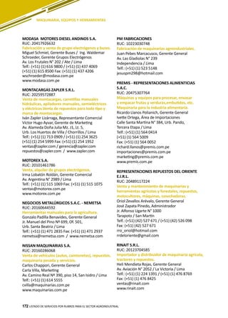 172
MODASA MOTORES DIESEL ANDINOS S.A.
RUC: 20417926632
Fabricación y venta de grupo electrógenos y buses.
Miguel Schmiel, Gerente Buses / Ing. Waldemar
Schroeder, Gerente Grupos Electrógenos
Av. Los Frutales N° 202 / Ate / Lima
Telf.: (+51) (1) 616 9800 / (+51) (1) 437 4069
(+51) (1) 615 8500 Fax: (+51) (1) 437 4206
wschroeder@modasa.com.pe
www.modasa.com.pe
MONTACARGAS ZAPLER S.R.L.
RUC: 20259572887
Venta de montacargas, carretillas manuales
hidráulicas, apiladores manuales, semieléctricos
y eléctricos.Venta de repuestos para todo tipo y
marca de montacargas.
Iván Zapler Lizárraga, Representante Comercial
Víctor Hugo Ayvar, Gerente de Marketing
Av. Alameda Doña Julia Mz. J1, Lt. 5,
Urb. Los Huertos de Villa / Chorrillos / Lima
Telf.: (+51) (1) 713 0909 / (+51) (1) 254 3625
(+51) (1) 254 5999 Fax: (+51) (1) 254 1952
ventas@zapler.com / gerencia@zapler.com
repuestos@zapler.com / www.zapler.com
MOTOREX S.A.
RUC: 20101461786
Venta, alquiler de grupos electrógenos.
Irma Lobatón Roldán, Gerente Comercial
Av. Argentina N° 2989 / Lima
Telf.: (+51) (1) 515 1069 Fax: (+51) (1) 515 1075
ventas@motorex.com.pe
www.motorex.com.pe
NEGOCIOS METALÚRGICOS S.A.C. - NEMETSA
RUC: 20160644592
Herramientas manuales para la agricultura.
Gonzalo Padilla Benavides, Gerente General
Jr. Manuel del Pino Nº 699, Of. 501,
Urb. Santa Beatriz / Lima
Telf.: (+51) (1) 471 2835 Fax: (+51) (1) 471 2937
nemetsa@nemetsa.com / www.nemetsa.com
NISSAN MAQUINARIAS S.A.
RUC: 20160286068
Venta de vehículos (autos, camionetas), repuestos,
maquinaria pesada y servicios.
Carlos Chappori, Gerente General
Carla Villa, Marketing
Av. Camino Real Nº 390, piso 14, San Isidro / Lima
Telf.: (+51) (1) 614 5555
cvilla@maquinarias.com.pe
www.maquinarias.com.pe
PM FABRICACIONES
RUC: 10223030748
Fabricación de maquinarias agroindustriales.
Juan Pebes Marcacusco, Gerente General
Av. Las Gladiolas N° 239
Independencia / Lima
Telf.: (+51) (1) 523 5148
jesuspm298@hotmail.com
PREMIS - REPRESENTACIONES ALIMENTICIAS
S.A.C.
RUC: 20475307764
Máquinas y equipos para procesar, envasar
y empacar frutas y verduras,embutidos, etc.
Maquinaria para la industria alimentaria.
Ricardo Llanos Polianich, Gerente General
Ivette Ortega, Área de Importaciones
Calle Santa Martina N° 384, Urb. Pando,
Tercera Etapa / Lima
Telf.: (+51) (1) 564 0414
(+51) (1) 564 5009
Fax: (+51) (1) 564 0052
richard.llanos@premis.com.pe
importaciones@premis.com.pe
marketing@premis.com.pe
www.premis.com.pe
REPRESENTACIONES REPUESTOS DEL ORIENTE
E.I.R.L.
RUC: 20489117224
Venta y mantenimiento de maquinarias y
herramientas agrícolas y forestales, repuestos,
motocultores, máquinas, cosechadoras.
Oriol Zevallos Arévalo, Gerente General
José Zapata Pinedo, Administrador
Jr. Alfonso Ugarte N° 1000
Tarapoto / San Martín
Telf.: (+51) (42) 527 671 / (+51) (42) 526 098
Fax: (+51) (42) 527 671
rro_oriol@hotmail.com
rrdeloriente@gmail.com
RINAIT S.R.L.
RUC: 20123704585
Importador y distribuidor de maquinaria agrícola,
tractores y repuestos.
Heli Mendieta Rojas, Gerente General
Av. Aviación N° 2052 / La Victoria / Lima
Telf.: (+51) (1) 224 1391 / (+51) (1) 476 8769
Fax: (+51) (1) 476 8425
ventas@rinait.com
www.rinait.com
LISTADO DE SERVICIOS POR RUBROS PARA EL SECTOR AGROINDUSTRIAL172
MAQUINARIA, EQUIPOS Y HERRAMIENTAS
 