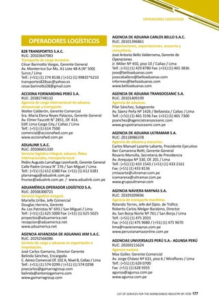 177
828 TRANSPORTES S.A.C.
RUC: 20503647983
Transporte de carga terrestre.
César Barinotto Vargas, Gerente General
Av. Monterrico Sur Mz. A1 Lote 48 A (N° 500)
Surco / Lima
Telf.: (+51) (1) 274 8538 / (+51) (1) 99835*6233
transportes828sac@yahoo.es
cesar.barinotto28@gmail.com
ACCIONA FORWARDING PERÚ S.A.
RUC: 20382748132
Agencia de carga internacional de aduana,
almacenaje y transporte.
Walter Calderón, Gerente Comercial
Sra. María Elena Reyes Palacios, Gerente General
Av. Elmer Faucett N° 2851, Of. 414,
Edif. Lima Cargo City / Callao / Lima
Telf.: (+51) (1) 614 7500
comercial@accionafwd.com.pe
www.accionafwd.com.pe
ADUALINK S.A.C.
RUC: 20506601330
Servicio logístico integral, aduana, fletes
internacionales, transporte local.
Pedro Augusto Larrañaga Leonhardt, Gerente General
Calle Padre Urraca N° 276 / San Miguel / Lima
Telf.: (+51) (1) 612 6380 Fax: (+51) (1) 612 6381
plarranaga@adualink.com.pe
fnunez@adualink.com.pe / www.adualink.com.pe
ADUAMÉRICA OPERADOR LOGÍSTICO S.A.
RUC: 20506300721
Servicio logístico integral.
Mariella Uribe, Jefe Comercial
Douglas Herrera, Gerente
Av. Los Patriotas N° 693 / San Miguel / Lima
Telf.: (+51) (1) 625 5000 Fax: (+51) (1) 625 5025
proyectos@aduamerica.net
recepcion@aduamerica.net
www.aduamerica.net
AGENCIA AFIANZADA DE ADUANAS JKM S.A.C.
RUC: 20292566086
Servicio de carga y aduanas en exportación e
importación.
José Carlos Gamarra, Director Gerente
Belinda Sánchez, Encargada
C. Aéreo Comercial Of. 102 A, Nivel B, Callao / Lima
Telf.: (+51) (1) 574 0299 / (+51) (1) 574 0298
josecarlos@gamarragroup.com
belinda@antoniogamarra.com
www.gamarragroup.com
AGENCIA DE ADUANA CARLOS BELLO S.A.C.
RUC: 20101396861
Importaciones, exportaciones, asesoría y
consultoría.
José Antonio Bello Valderrama, Gerente de
Operaciones
Jr. Miller Nº 450, piso 10 / Callao / Lima
Telf.: (+51) (1) 429 8780 Fax: (+51) (1) 465 3836
jose@belloaduanas.com
josecaballero@belloaduanas.com
informes@belloaduanas.com
www.belloaduanas.com
AGENCIA DE ADUANA TRANSOCEANIC S.A.
RUC: 20101409199
Agencia de aduanas.
Pilar Sánchez, Subgerente
Av. Sáenz Peña Nº 1426 / Bellavista / Callao / Lima
Telf.: (+51) (1) 465 3196 Fax: (+51) (1) 465 7300
psanchez@agenciatransoceanic.com
www.grupotransoceanic.com.pe
AGENCIA DE ADUANA ULTRAMAR S.A.
RUC: 20118986378
Agencia de aduana y asesorías.
Carlos Manuel Lazarte Labarte, Presidente Ejecutivo
Iker Camarena Retti, Gerente General
Rosario Mansilla, Secretaria de Presidencia
Av. Arequipa Nº 330, Of. 201 / Lima
Telf.: (+51) (1) 433 1543 / (+51) (1) 433 2161
Fax: (+51) (1) 433 8136
cmlazarte@ultramar.com.pe
icamarena@ultramar.com.pe
www.grupoultramar.com
AGENCIA NAVIERA MAYNAS S.A.
RUC: 20329209696
Agencia de transporte marítimo.
Rolando Torres, Jefe del Dpto. de Tráfico
Roberto Carlos Melgar Barabino, Director
Av. San Borja Norte Nº 761 / San Borja / Lima
Telf.: (+51) (1) 475 2033
Fax: (+51) (1) 475 9680 / (+51) (1) 475 9670
lima@navieramaynas.com.pe
www.peruvianamazonline.com.pe
AGENCIAS UNIVERSALES PERÚ S.A.- AGUNSA PERÚ
RUC: 20269215624
Agencia naviera.
Max Goller, Gerente Comercial
Av. Jorge Chávez Nº 631, piso 6 / Miraflores / Lima
Telf.: (+51) (1) 626 0700
Fax: (+51) (1) 628 9355
agunsa@agunsa.com.pe
www.agunsa.com.pe
LIST OF SERVICES FOR THE AGRIBUSINESS INDUSTRY BY ITEM 177
OPERADORES LOGÍSTICOS
OPERADORES LOGÍSTICOS
 